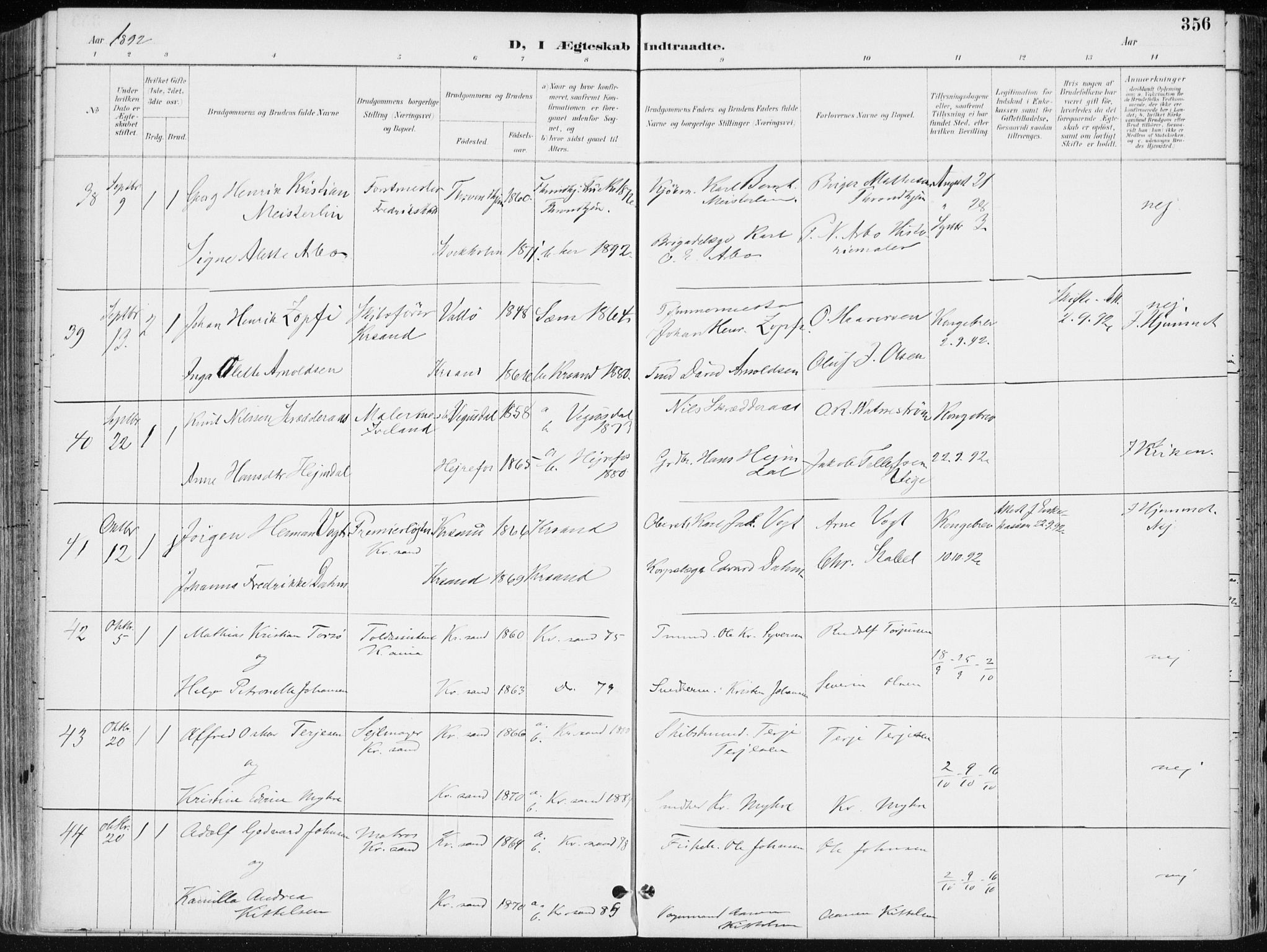 Kristiansand domprosti, SAK/1112-0006/F/Fa/L0019: Parish register (official) no. A 18, 1890-1897, p. 356