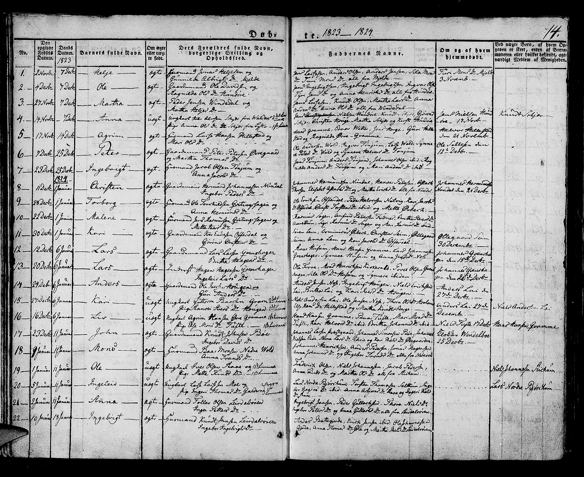 Lærdal sokneprestembete, SAB/A-81201: Parish register (official) no. A 5, 1822-1834, p. 14