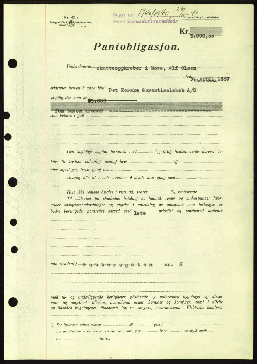 Moss sorenskriveri, SAO/A-10168: Mortgage book no. B10, 1940-1941, Diary no: : 1746/1940