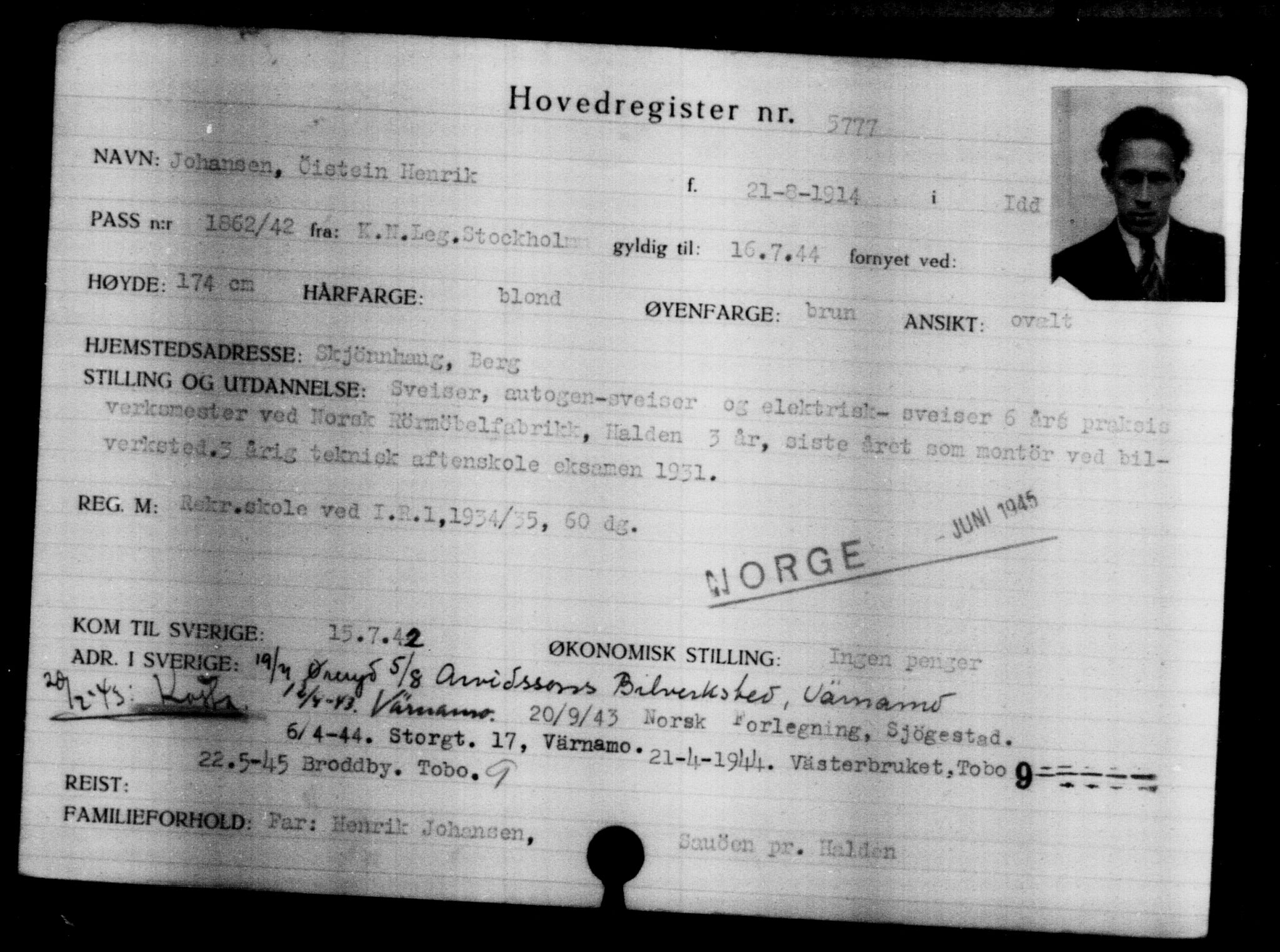 Utenriksstasjonene, Legasjonen i Stockholm, Flyktningkontoret, AV/RA-S-6753/V/Va/L0004: Kjesäterkartoteket, flyktninger med registreringsnr. 3496-6610, 1940-1945, p. 2647