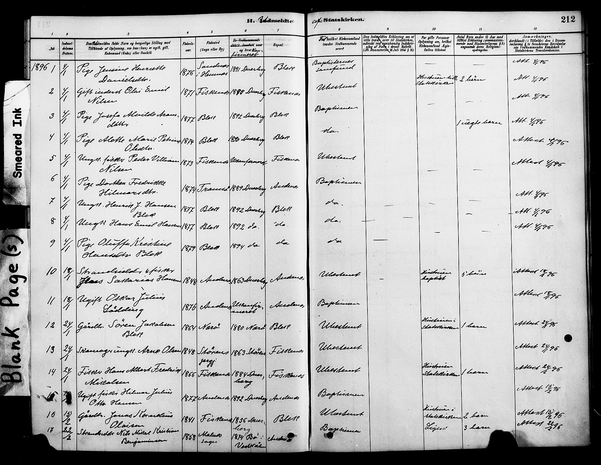 Ministerialprotokoller, klokkerbøker og fødselsregistre - Nordland, SAT/A-1459/899/L1436: Parish register (official) no. 899A04, 1881-1896, p. 212