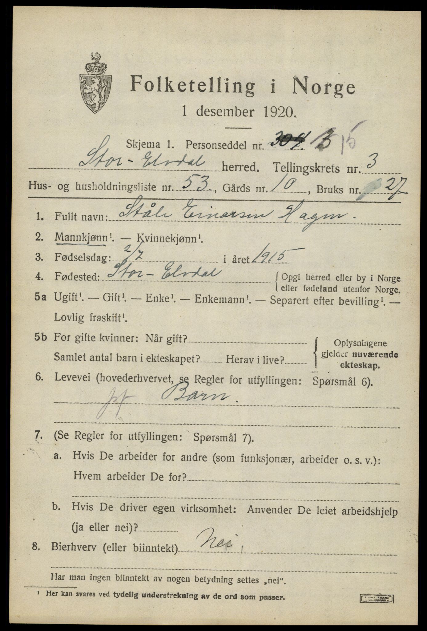 SAH, 1920 census for Stor-Elvdal, 1920, p. 3390