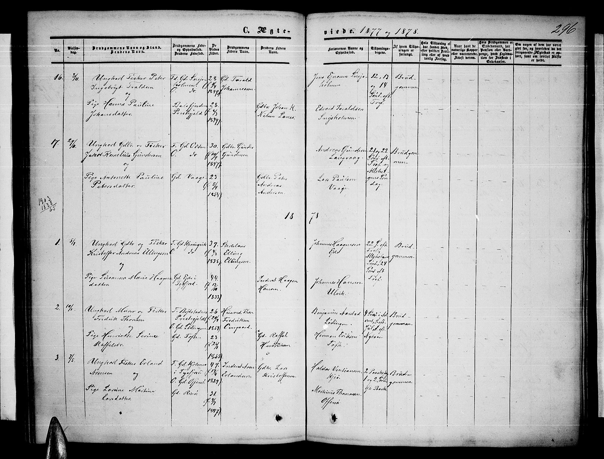 Ministerialprotokoller, klokkerbøker og fødselsregistre - Nordland, AV/SAT-A-1459/872/L1046: Parish register (copy) no. 872C02, 1852-1879, p. 296