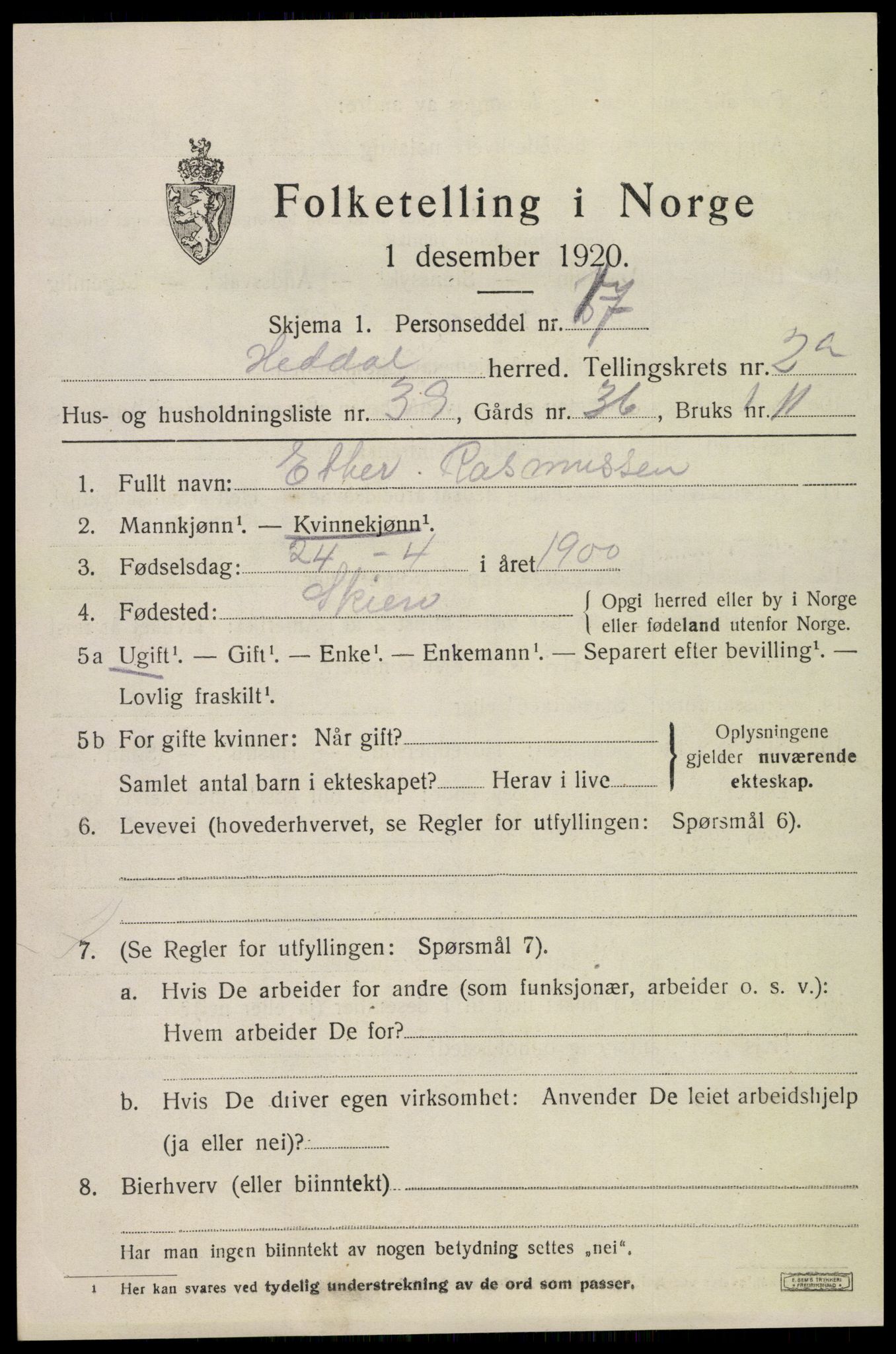 SAKO, 1920 census for Heddal, 1920, p. 2380