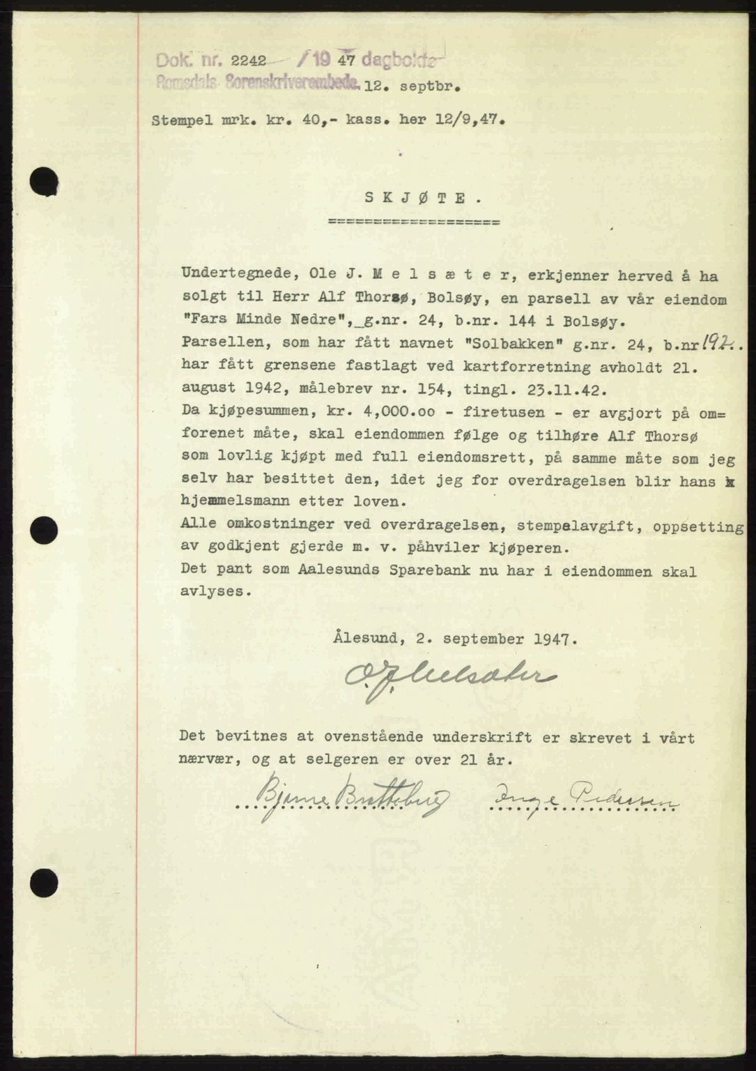 Romsdal sorenskriveri, SAT/A-4149/1/2/2C: Mortgage book no. A24, 1947-1947, Diary no: : 2242/1947