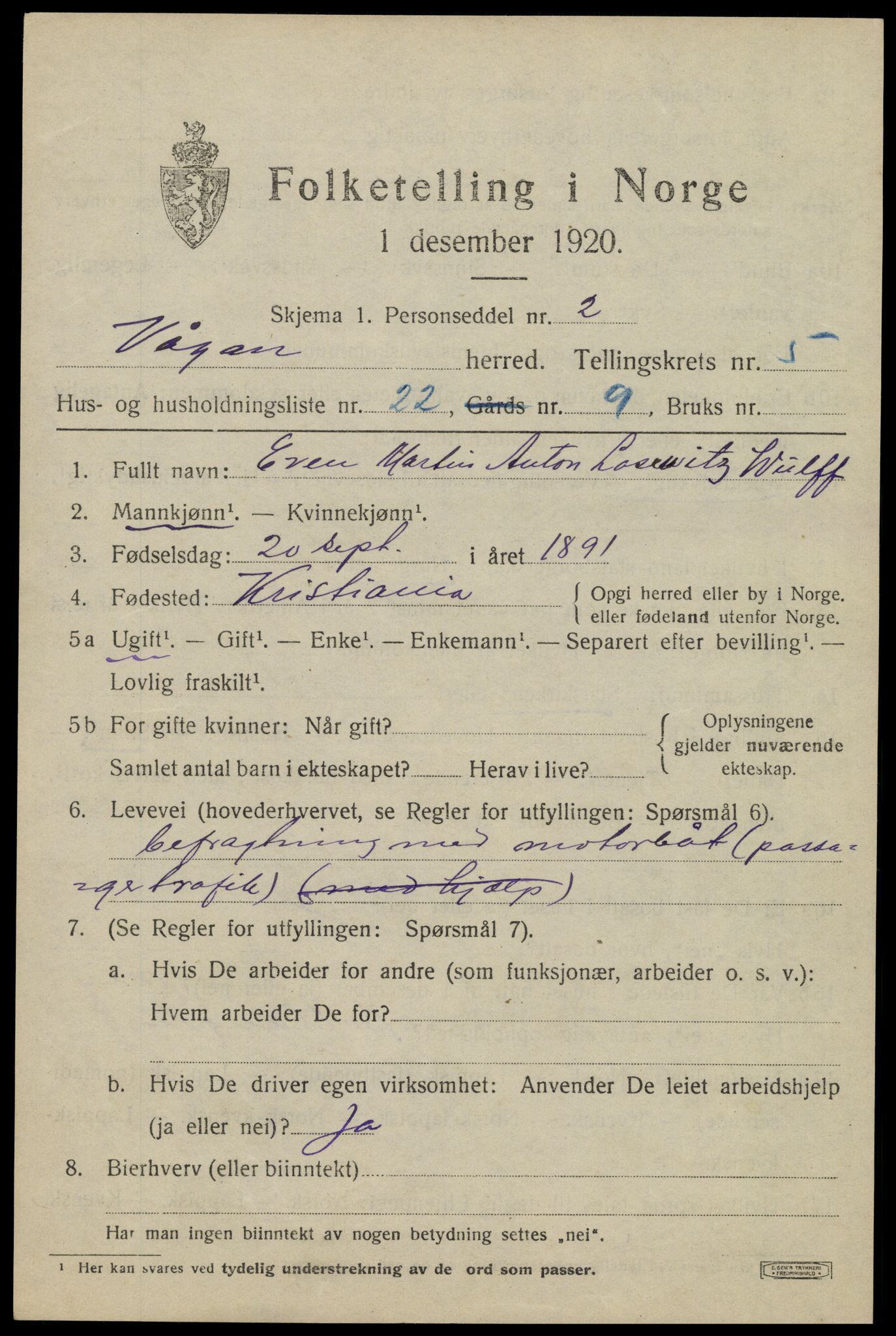 SAT, 1920 census for Vågan, 1920, p. 5417