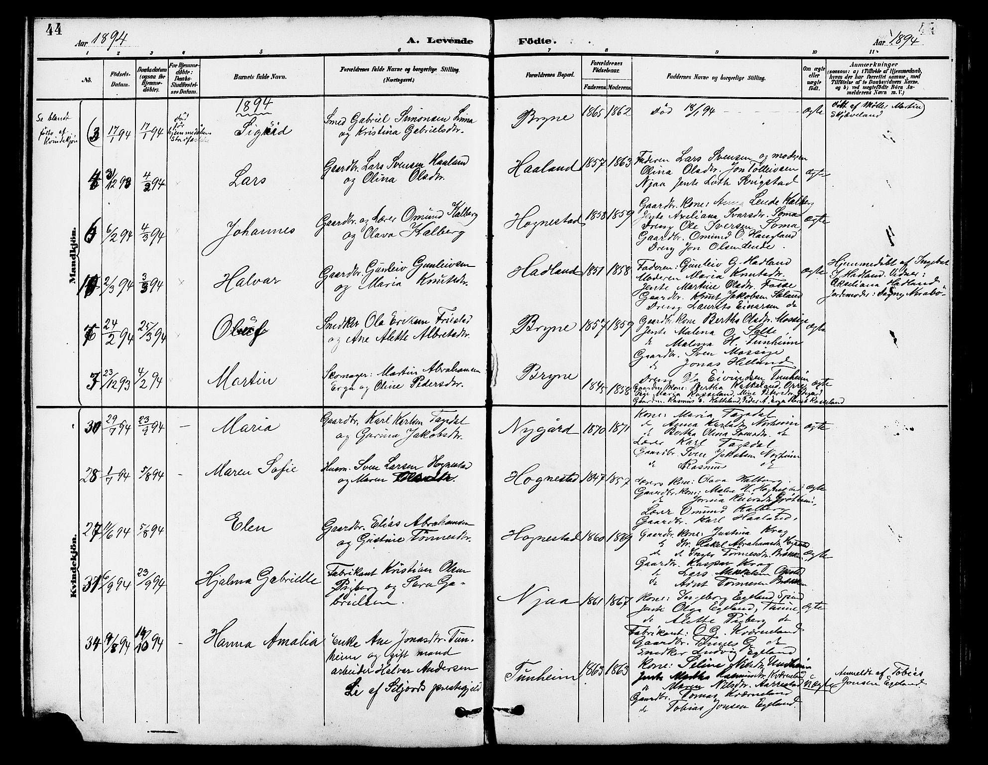 Lye sokneprestkontor, AV/SAST-A-101794/001/30BB/L0007: Parish register (copy) no. B 8, 1889-1909, p. 44