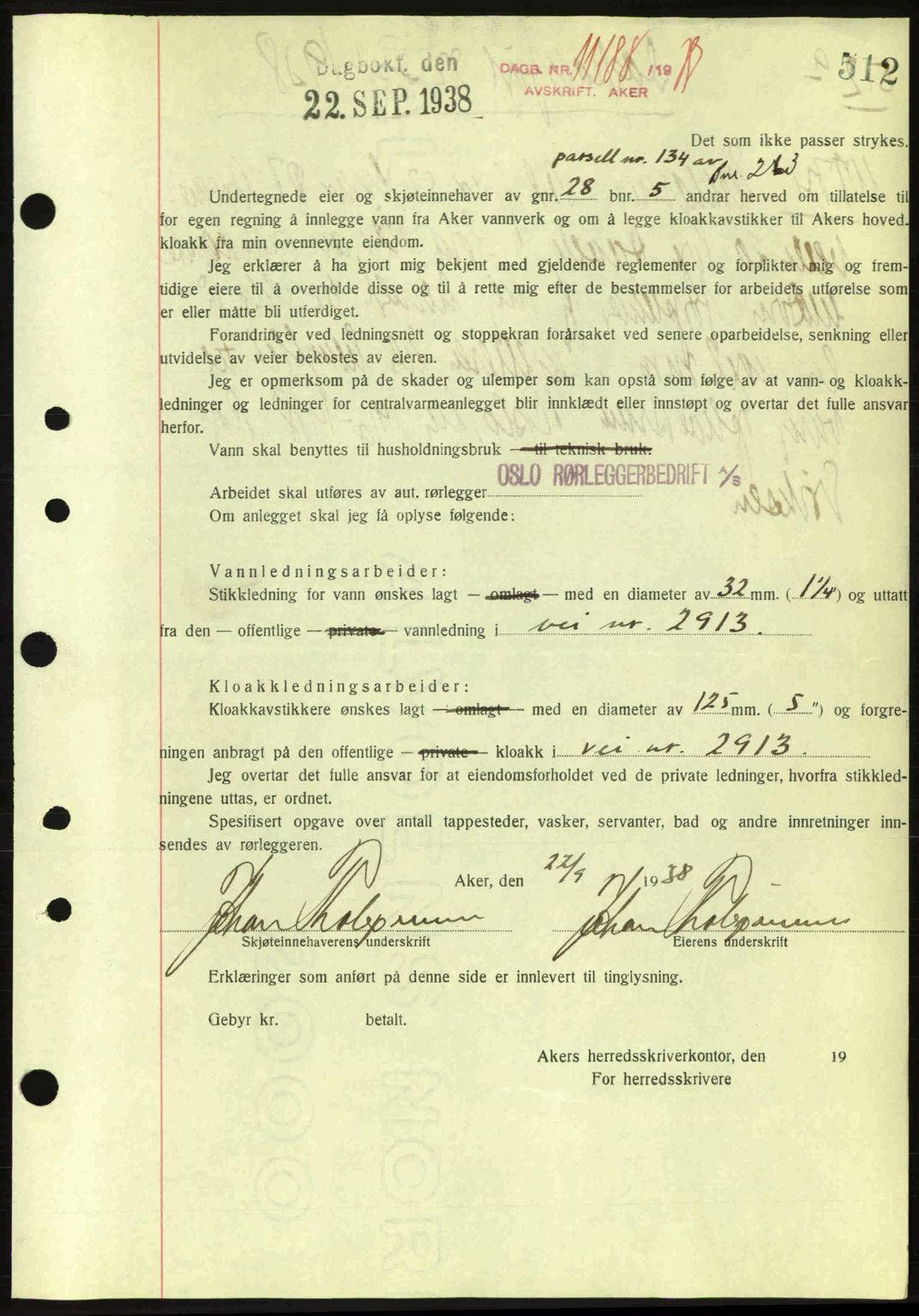 Aker herredsskriveri, SAO/A-10896/G/Gb/Gba/Gbab/L0025: Mortgage book no. A154-155, 1938-1938, Diary no: : 11188/1938