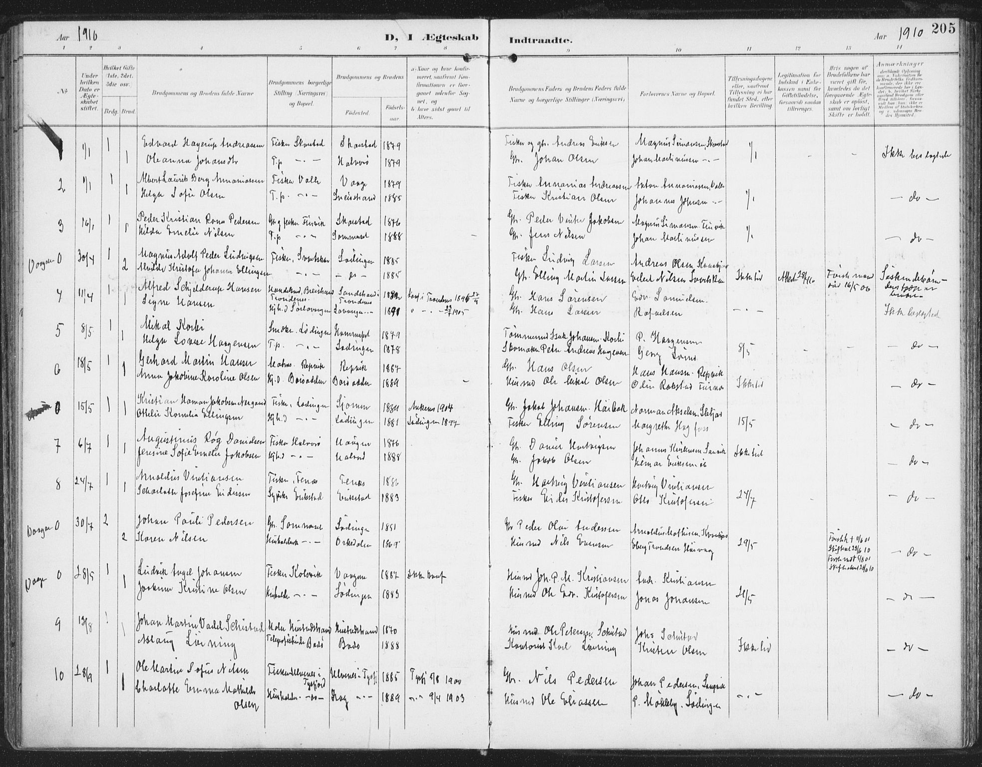 Ministerialprotokoller, klokkerbøker og fødselsregistre - Nordland, AV/SAT-A-1459/872/L1036: Parish register (official) no. 872A11, 1897-1913, p. 205