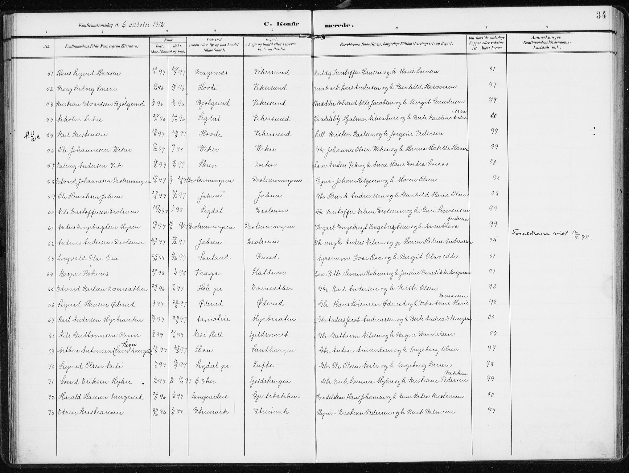 Modum kirkebøker, AV/SAKO-A-234/F/Fa/L0014b: Parish register (official) no. 14b, 1906-1917, p. 34