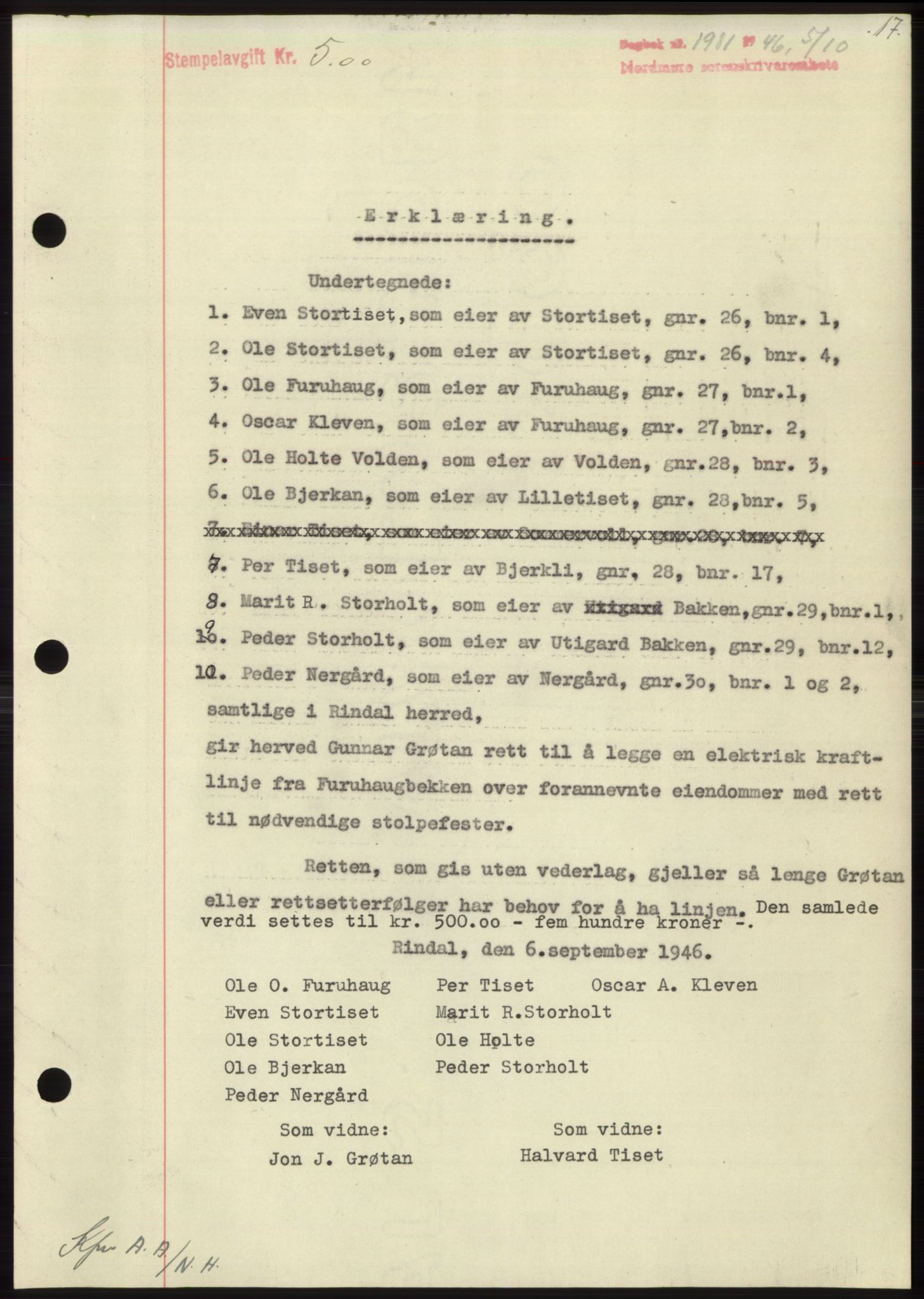 Nordmøre sorenskriveri, AV/SAT-A-4132/1/2/2Ca: Mortgage book no. B95, 1946-1947, Diary no: : 1981/1946