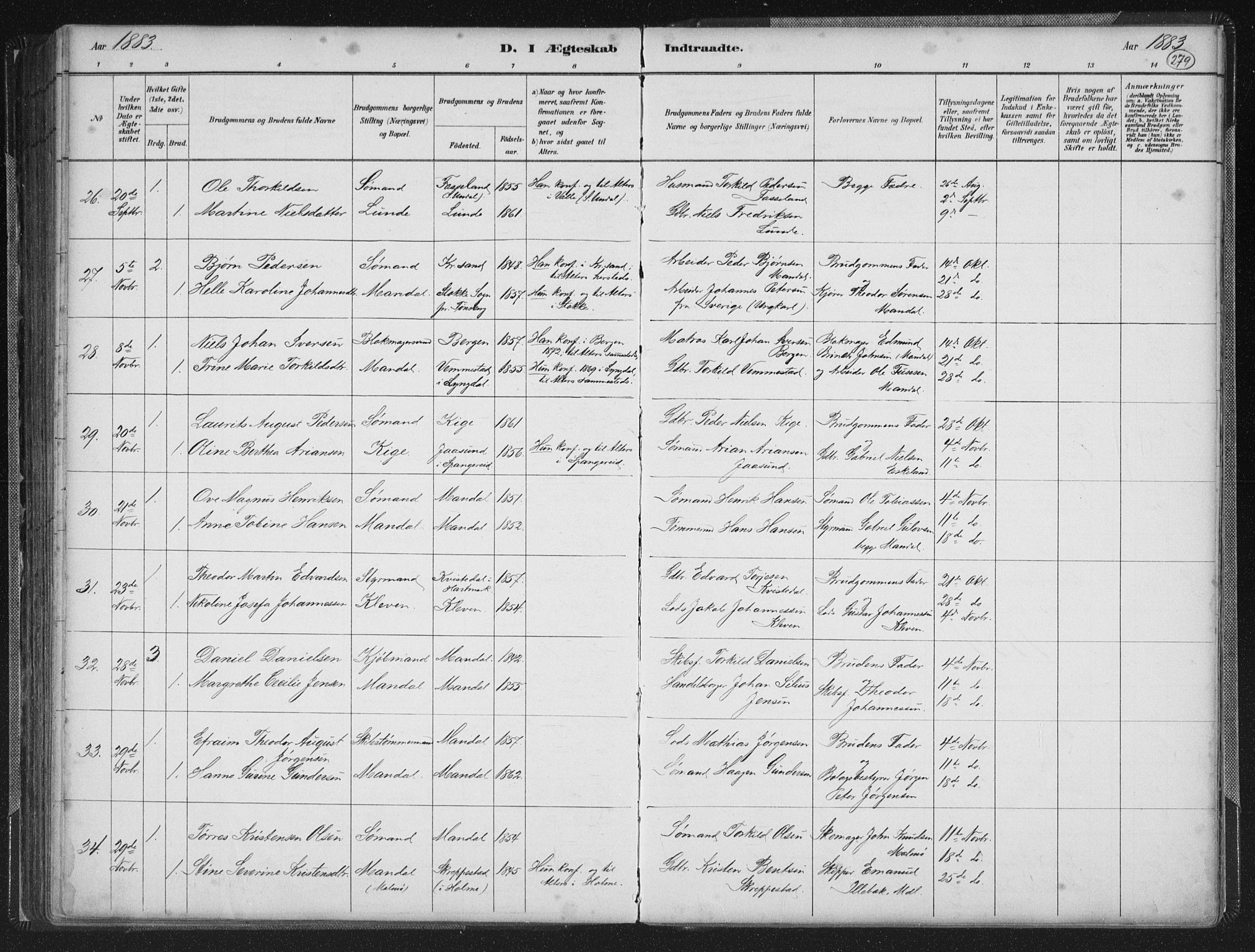 Mandal sokneprestkontor, AV/SAK-1111-0030/F/Fb/Fba/L0011: Parish register (copy) no. B 5, 1880-1898, p. 279