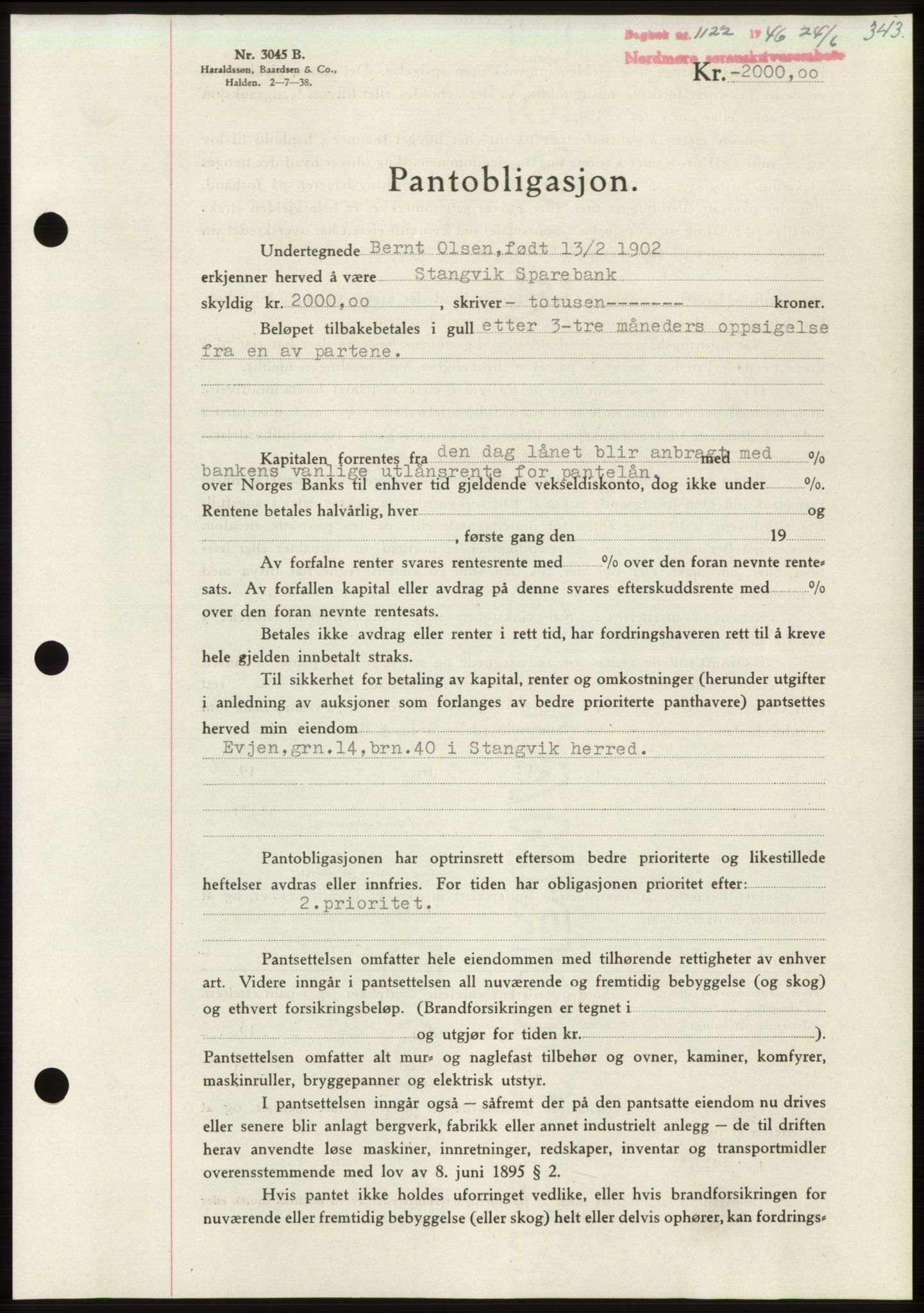 Nordmøre sorenskriveri, AV/SAT-A-4132/1/2/2Ca: Mortgage book no. B94, 1946-1946, Diary no: : 1122/1946