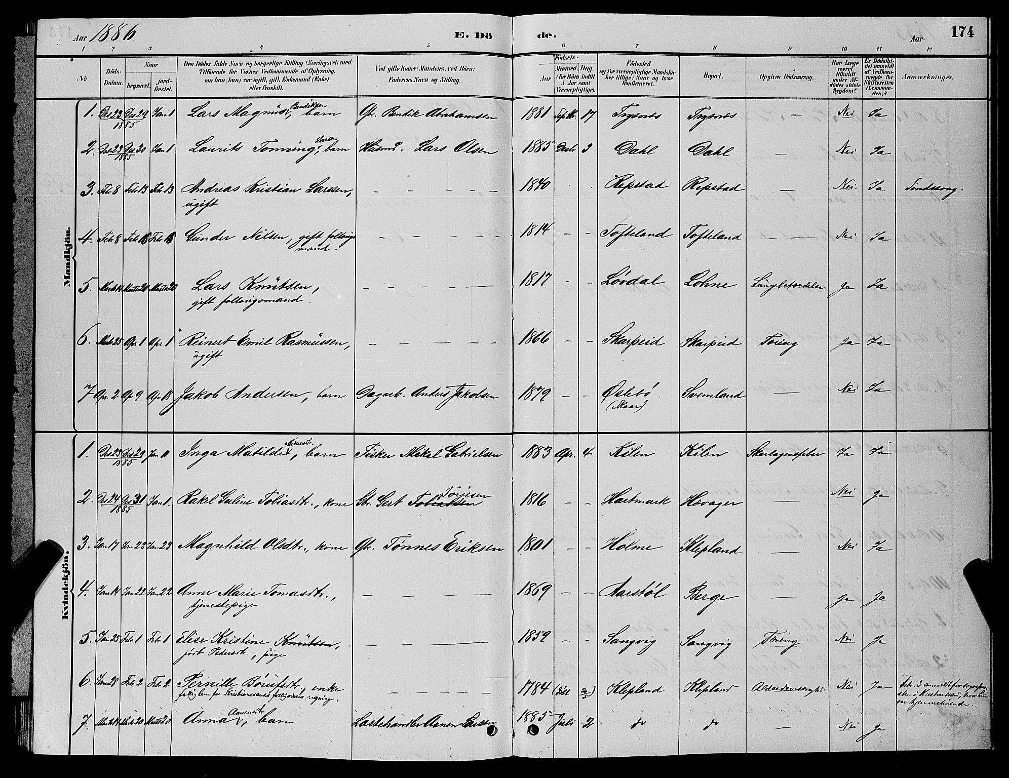 Søgne sokneprestkontor, SAK/1111-0037/F/Fb/Fbb/L0005: Parish register (copy) no. B 5, 1884-1891, p. 174