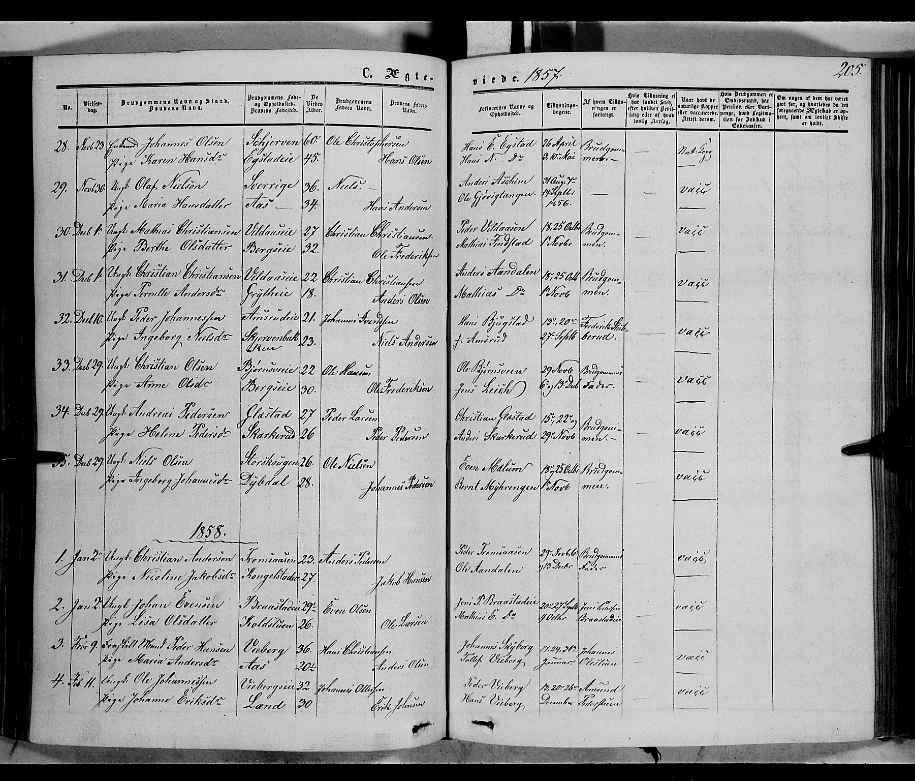 Vardal prestekontor, SAH/PREST-100/H/Ha/Haa/L0006: Parish register (official) no. 6, 1854-1866, p. 205