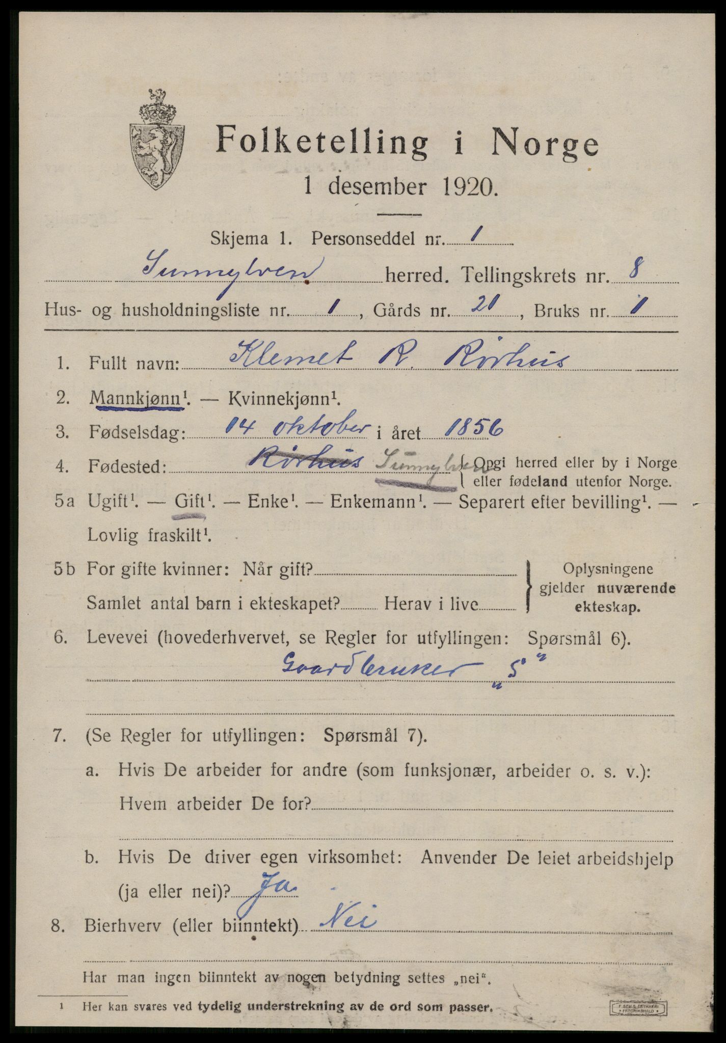 SAT, 1920 census for Sunnylven, 1920, p. 2774