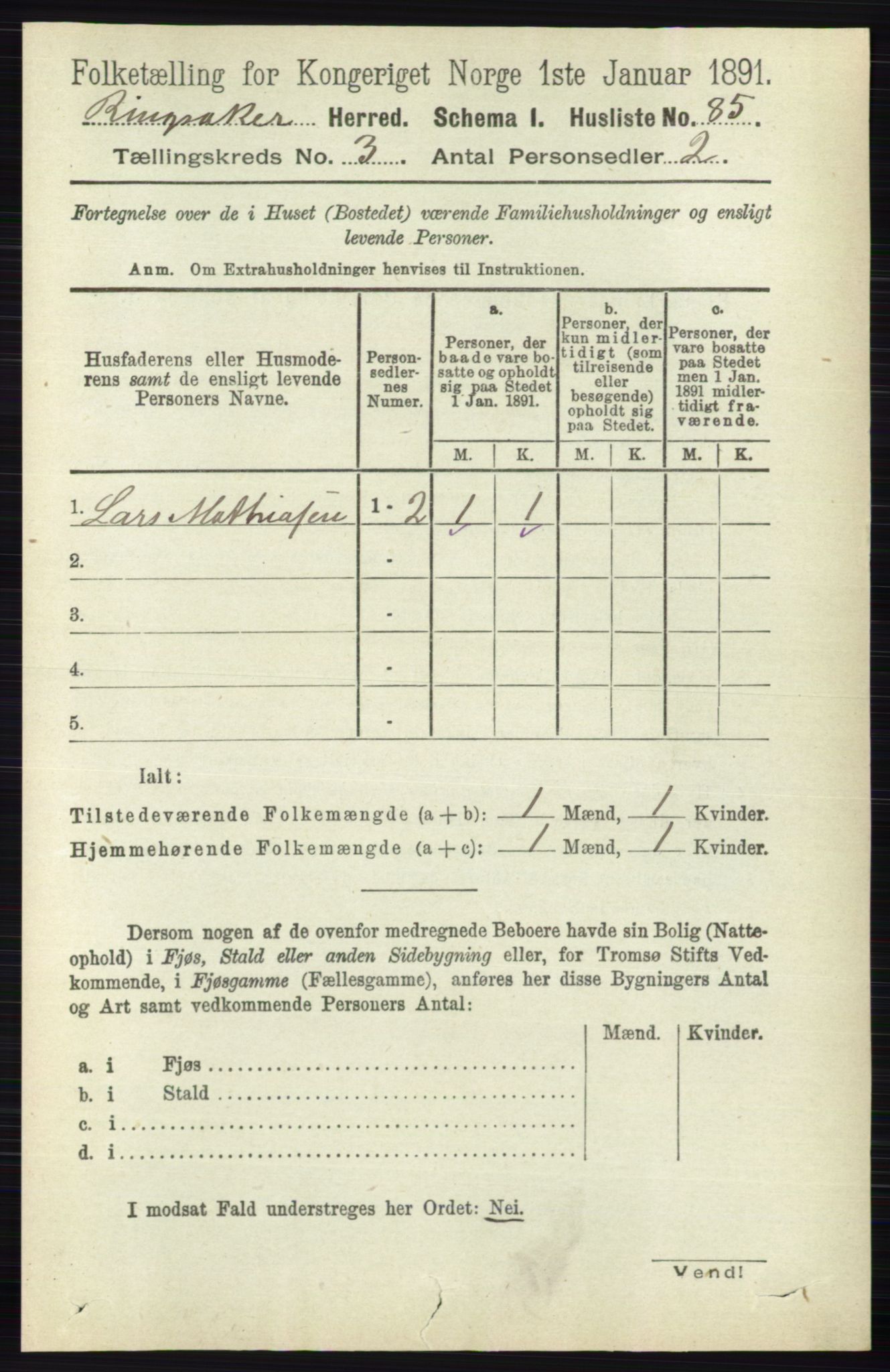 RA, 1891 census for 0412 Ringsaker, 1891, p. 1246