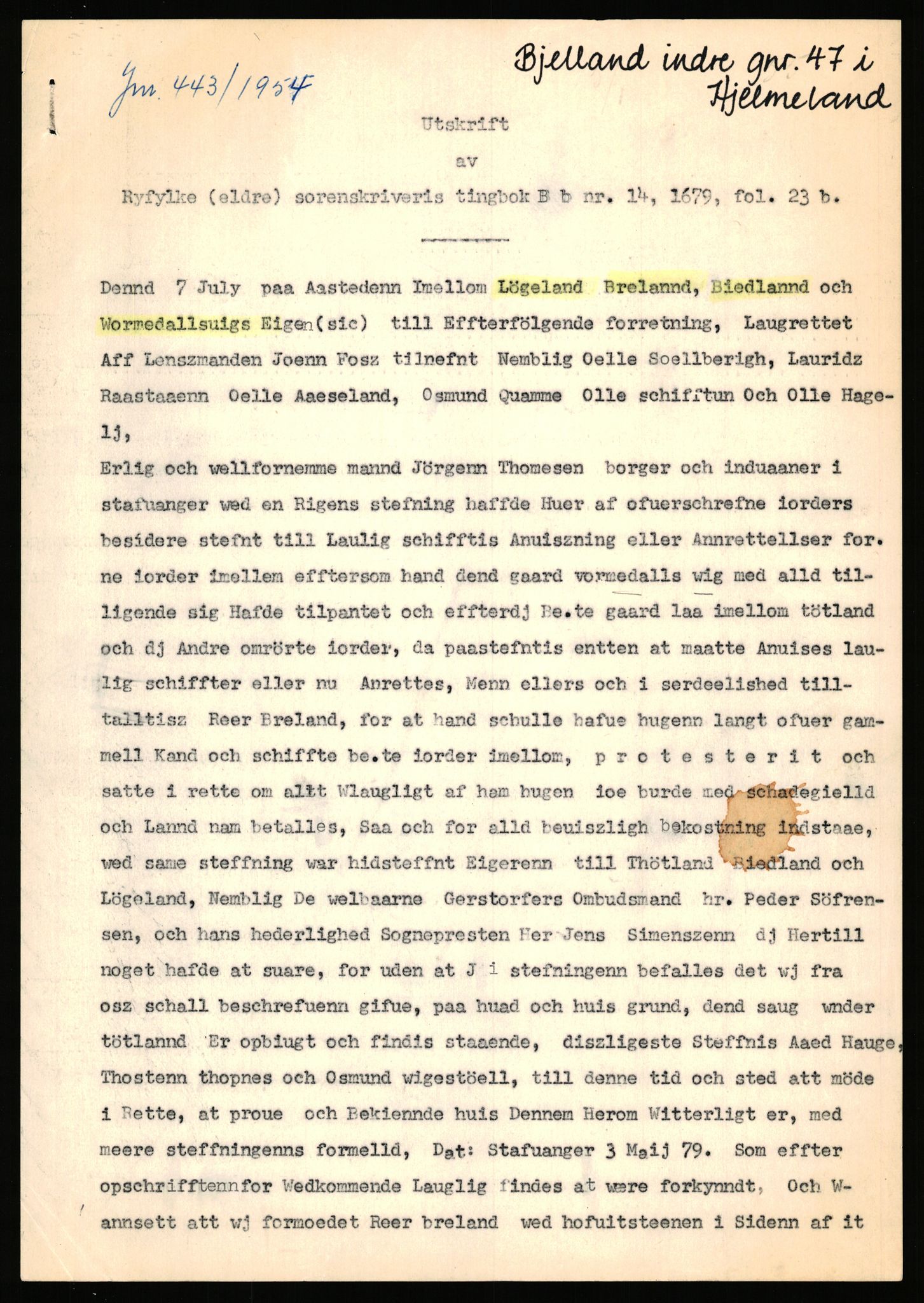 Statsarkivet i Stavanger, AV/SAST-A-101971/03/Y/Yj/L0008: Avskrifter sortert etter gårdsnavn: Birkeland indre - Bjerge, 1750-1930, p. 427