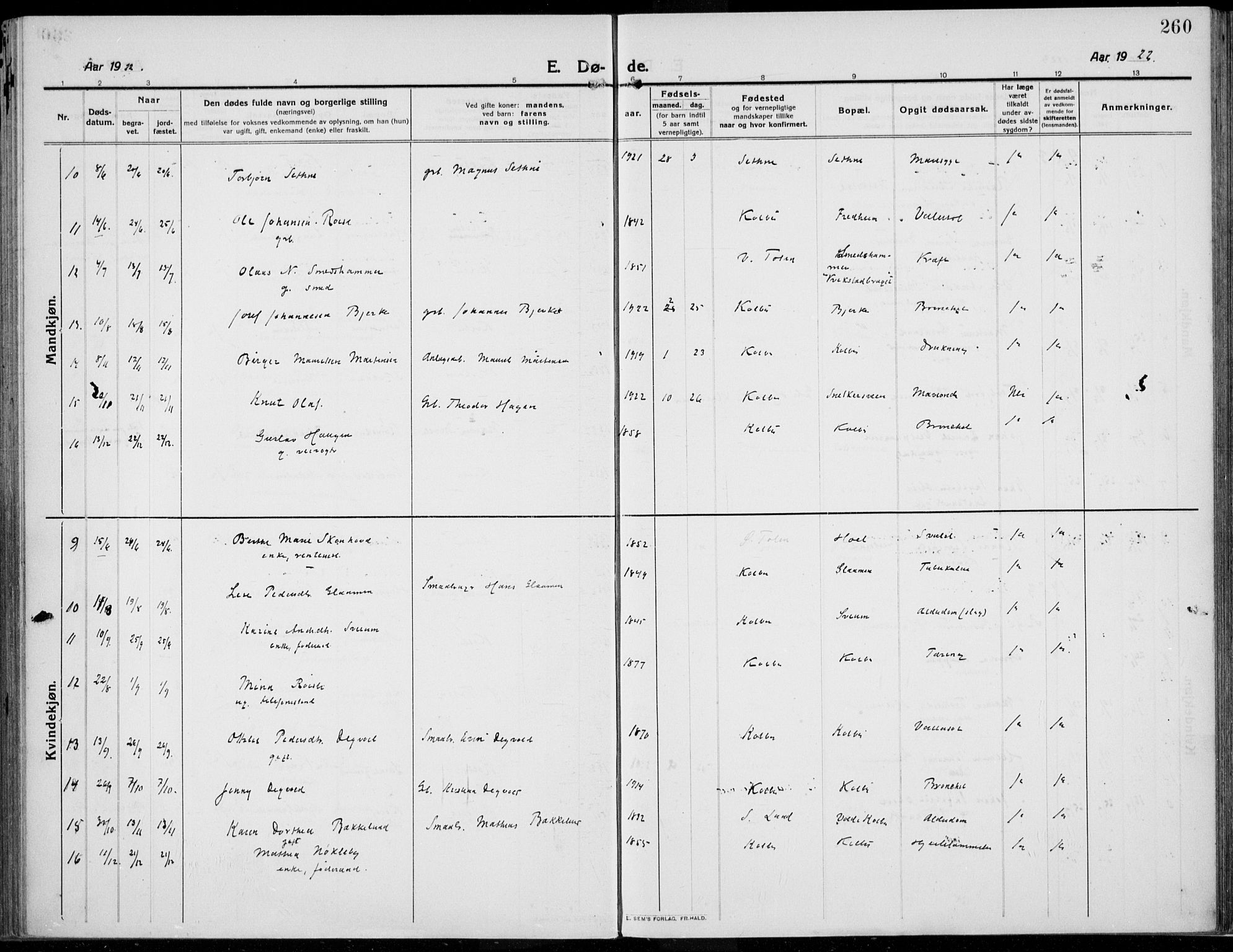 Kolbu prestekontor, SAH/PREST-110/H/Ha/Haa/L0002: Parish register (official) no. 2, 1912-1926, p. 260