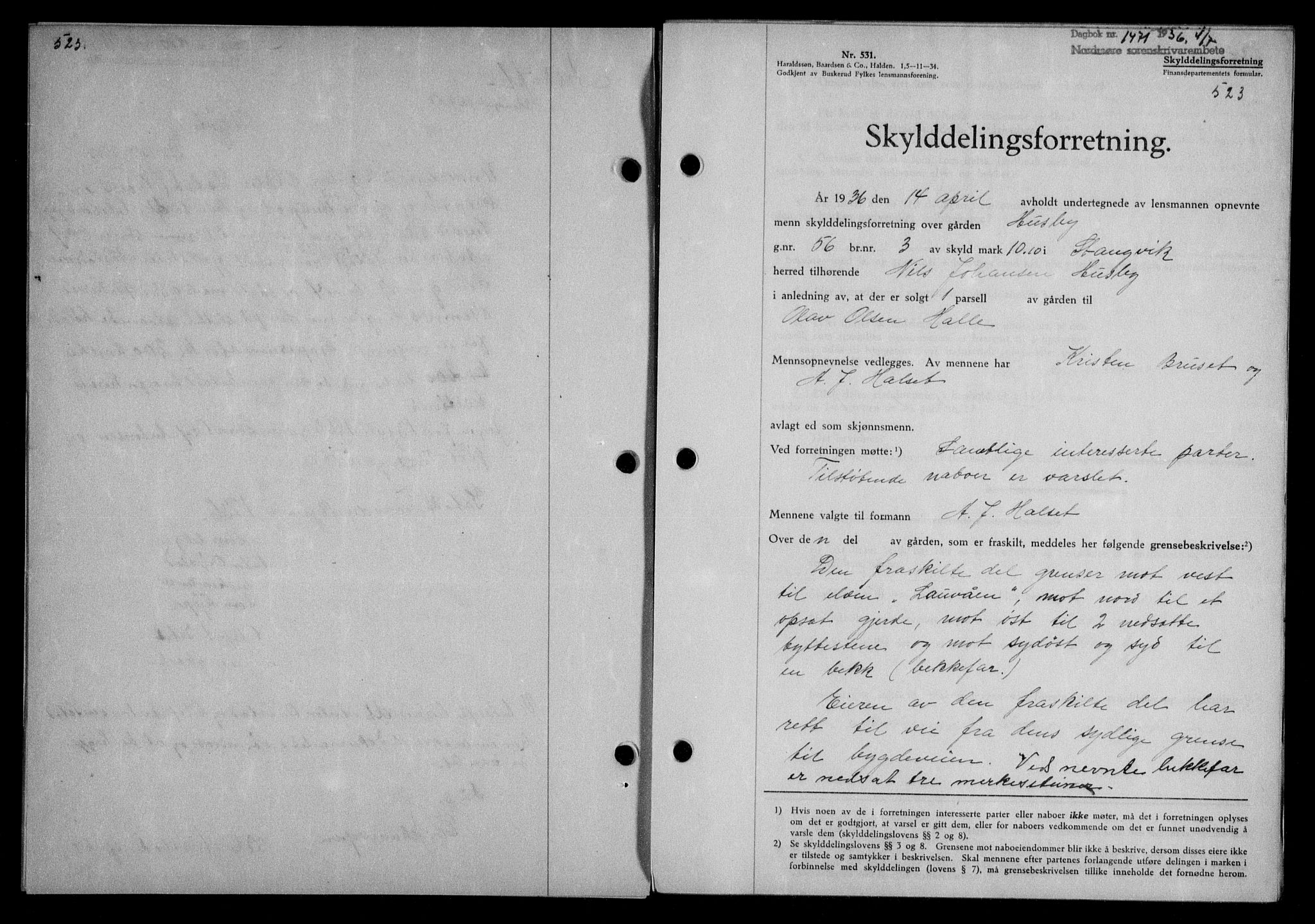 Nordmøre sorenskriveri, AV/SAT-A-4132/1/2/2Ca/L0088: Mortgage book no. 78, 1936-1936, Diary no: : 1471/1936