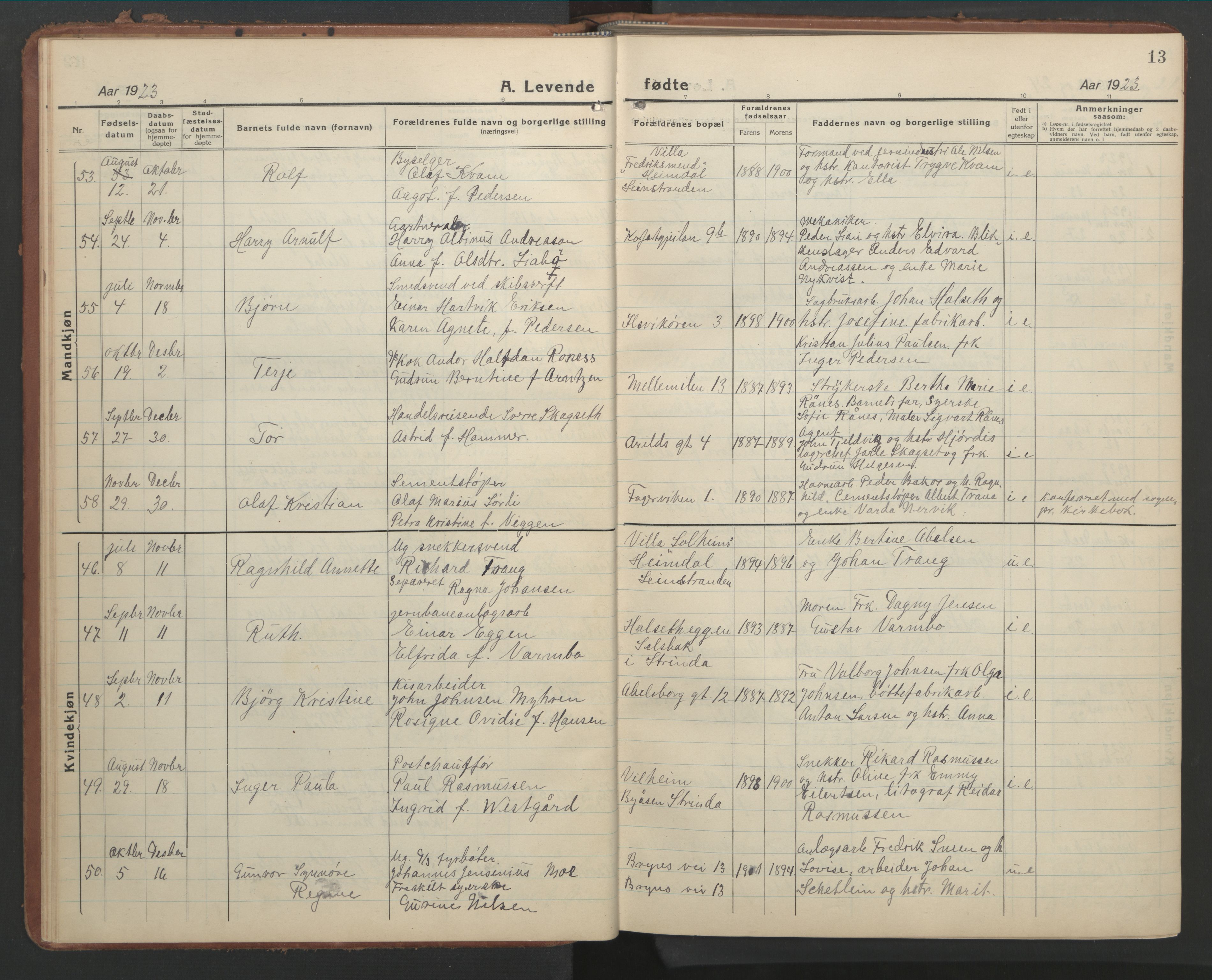 Ministerialprotokoller, klokkerbøker og fødselsregistre - Sør-Trøndelag, SAT/A-1456/603/L0174: Parish register (copy) no. 603C02, 1923-1951, p. 13
