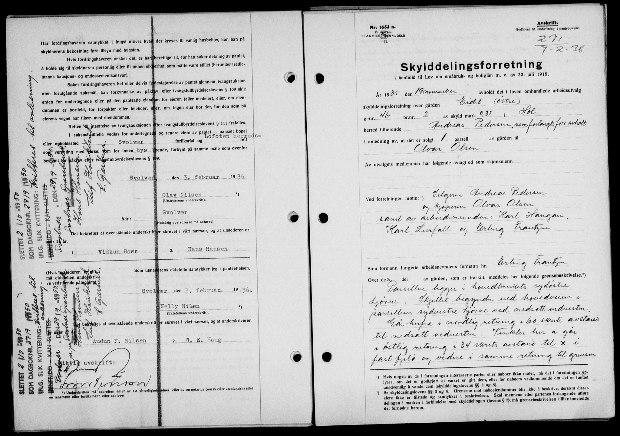 Lofoten sorenskriveri, SAT/A-0017/1/2/2C/L0033b: Mortgage book no. 33b, 1936-1936, Diary no: : 271/1936