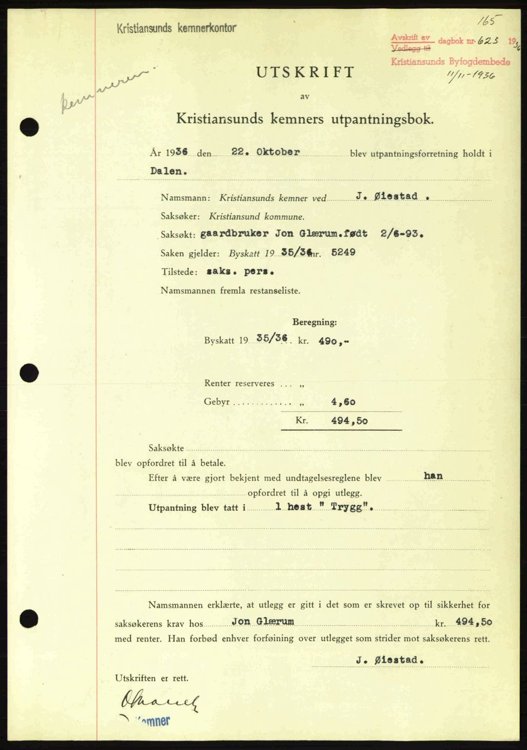 Kristiansund byfogd, AV/SAT-A-4587/A/27: Mortgage book no. 29, 1936-1937, Diary no: : 623/1936