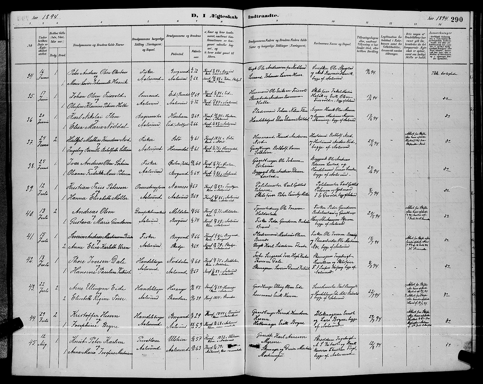 Ministerialprotokoller, klokkerbøker og fødselsregistre - Møre og Romsdal, SAT/A-1454/529/L0467: Parish register (copy) no. 529C04, 1889-1897, p. 290