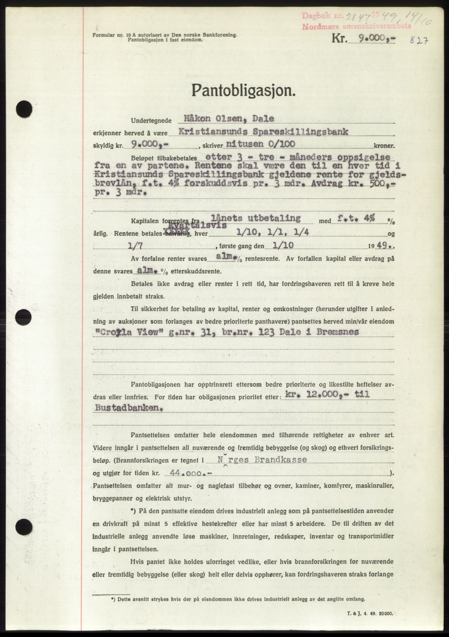 Nordmøre sorenskriveri, AV/SAT-A-4132/1/2/2Ca: Mortgage book no. B102, 1949-1949, Diary no: : 2847/1949