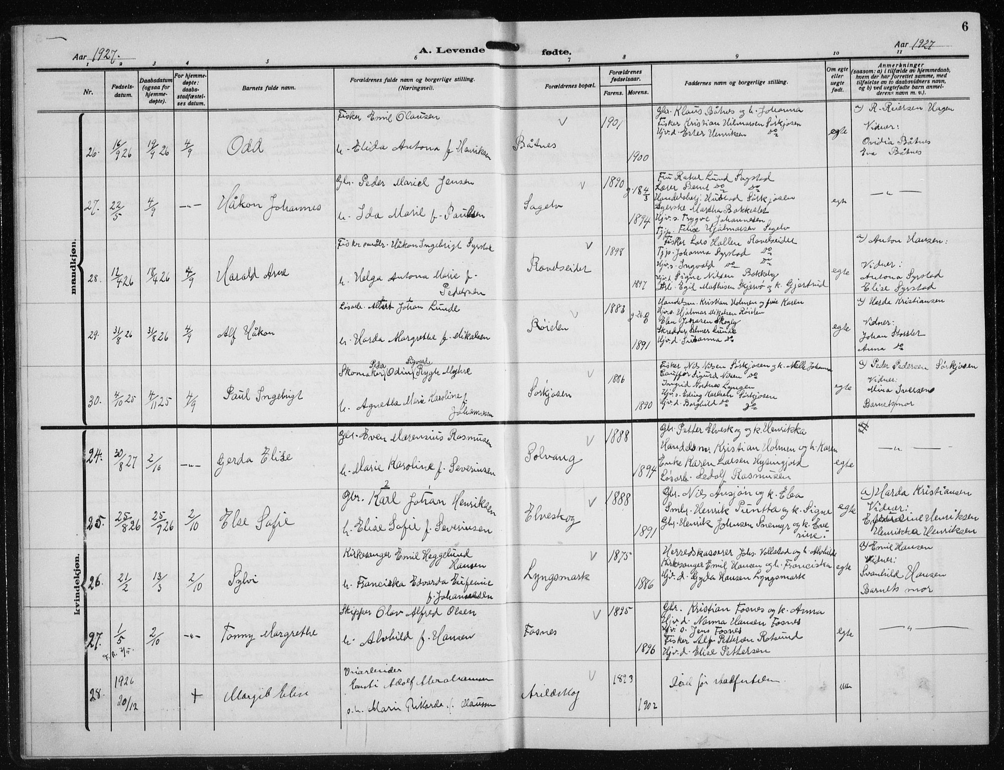 Skjervøy sokneprestkontor, AV/SATØ-S-1300/H/Ha/Hab/L0023klokker: Parish register (copy) no. 23, 1927-1943, p. 6