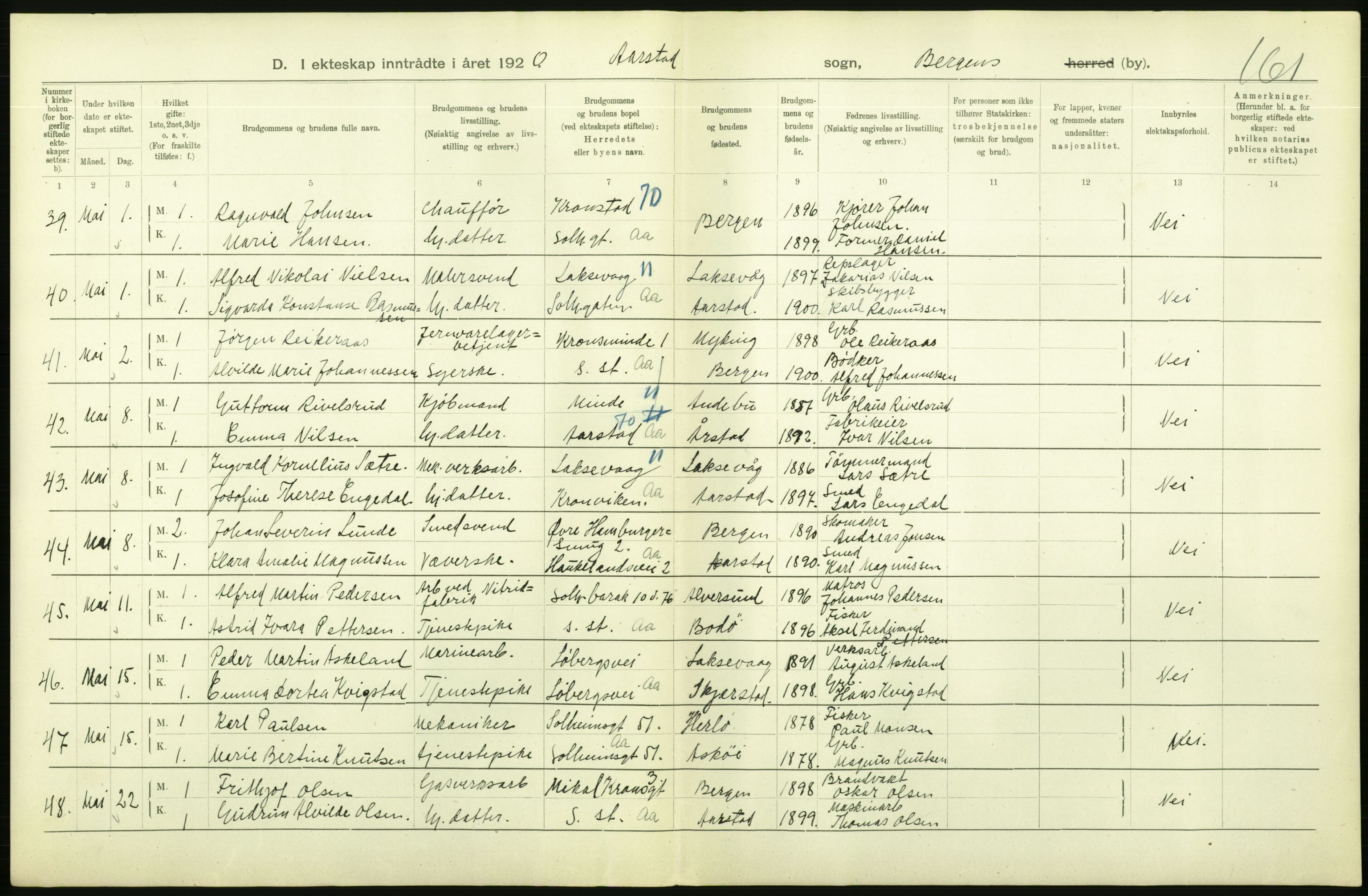 Statistisk sentralbyrå, Sosiodemografiske emner, Befolkning, AV/RA-S-2228/D/Df/Dfb/Dfbj/L0042: Bergen: Gifte, døde, dødfødte., 1920, p. 44