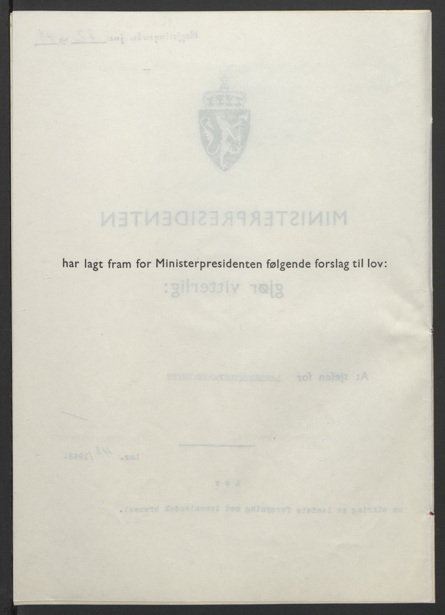 NS-administrasjonen 1940-1945 (Statsrådsekretariatet, de kommisariske statsråder mm), RA/S-4279/D/Db/L0099: Lover, 1943, p. 189