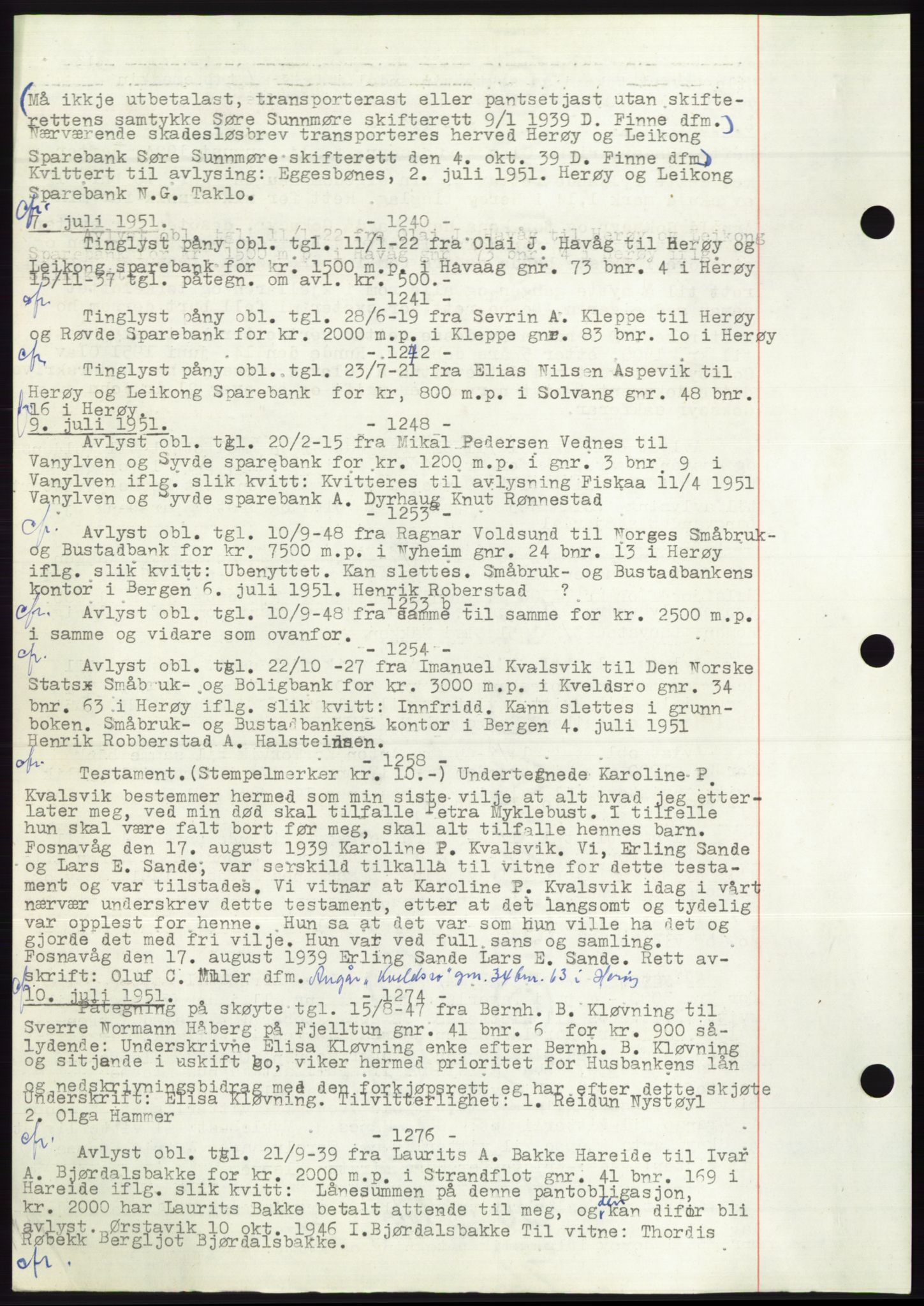 Søre Sunnmøre sorenskriveri, AV/SAT-A-4122/1/2/2C/L0072: Mortgage book no. 66, 1941-1955, Diary no: : 1240/1951