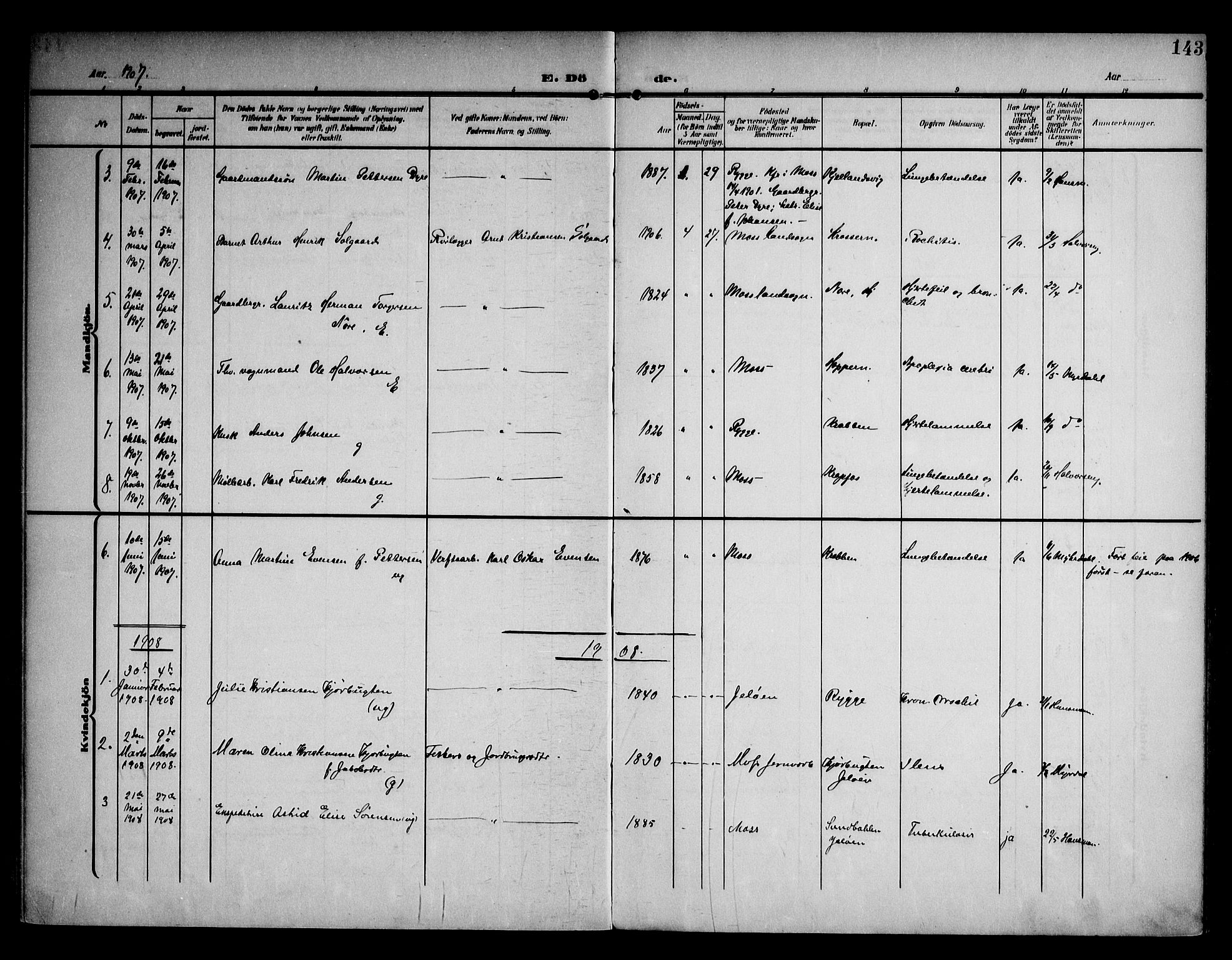 Moss prestekontor Kirkebøker, AV/SAO-A-2003/F/Fc/L0003: Parish register (official) no. III 3, 1906-1914, p. 143