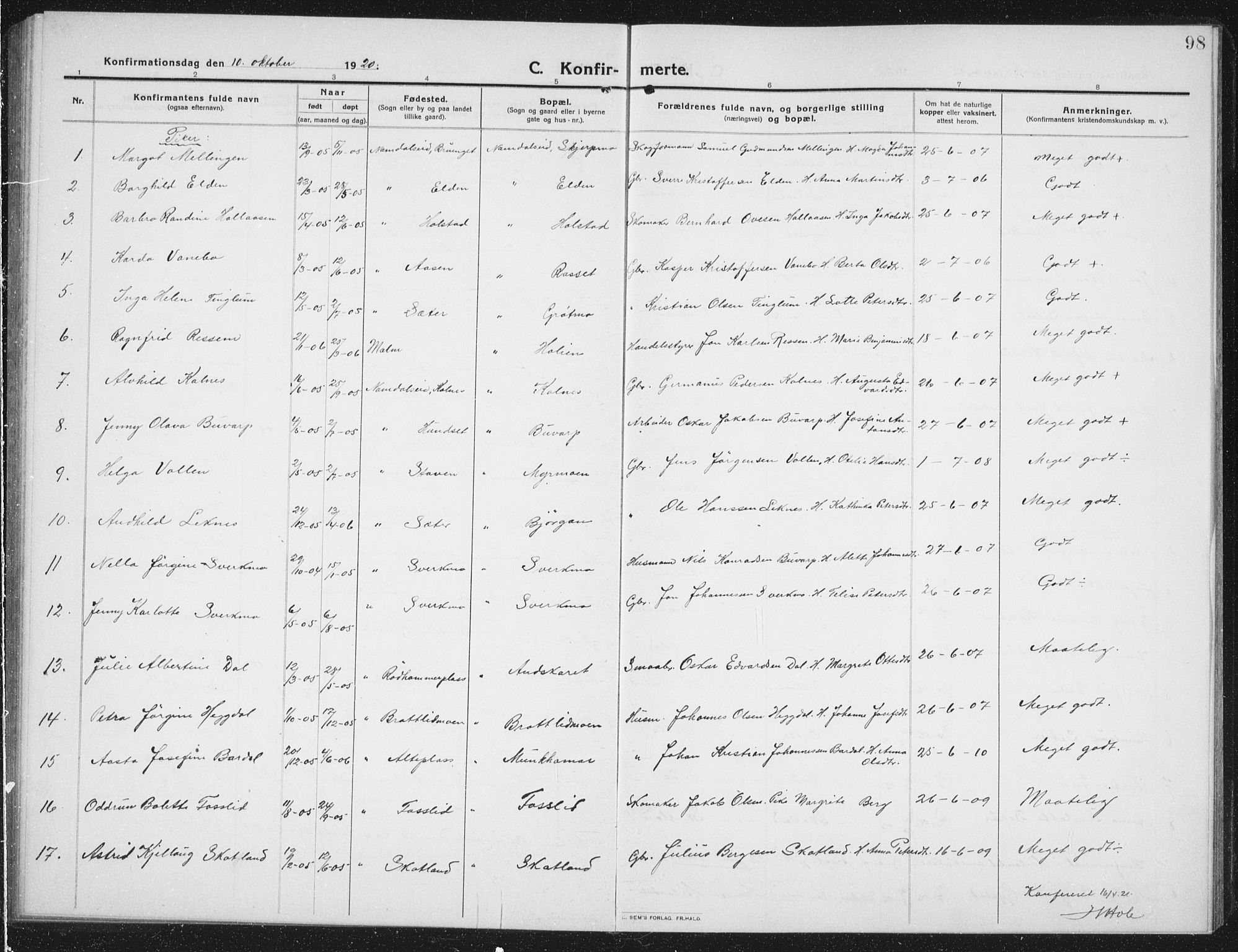 Ministerialprotokoller, klokkerbøker og fødselsregistre - Nord-Trøndelag, SAT/A-1458/742/L0413: Parish register (copy) no. 742C04, 1911-1938, p. 98