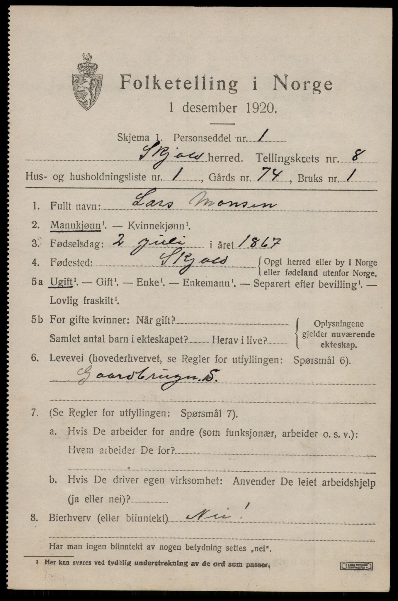 SAST, 1920 census for Skjold, 1920, p. 4184