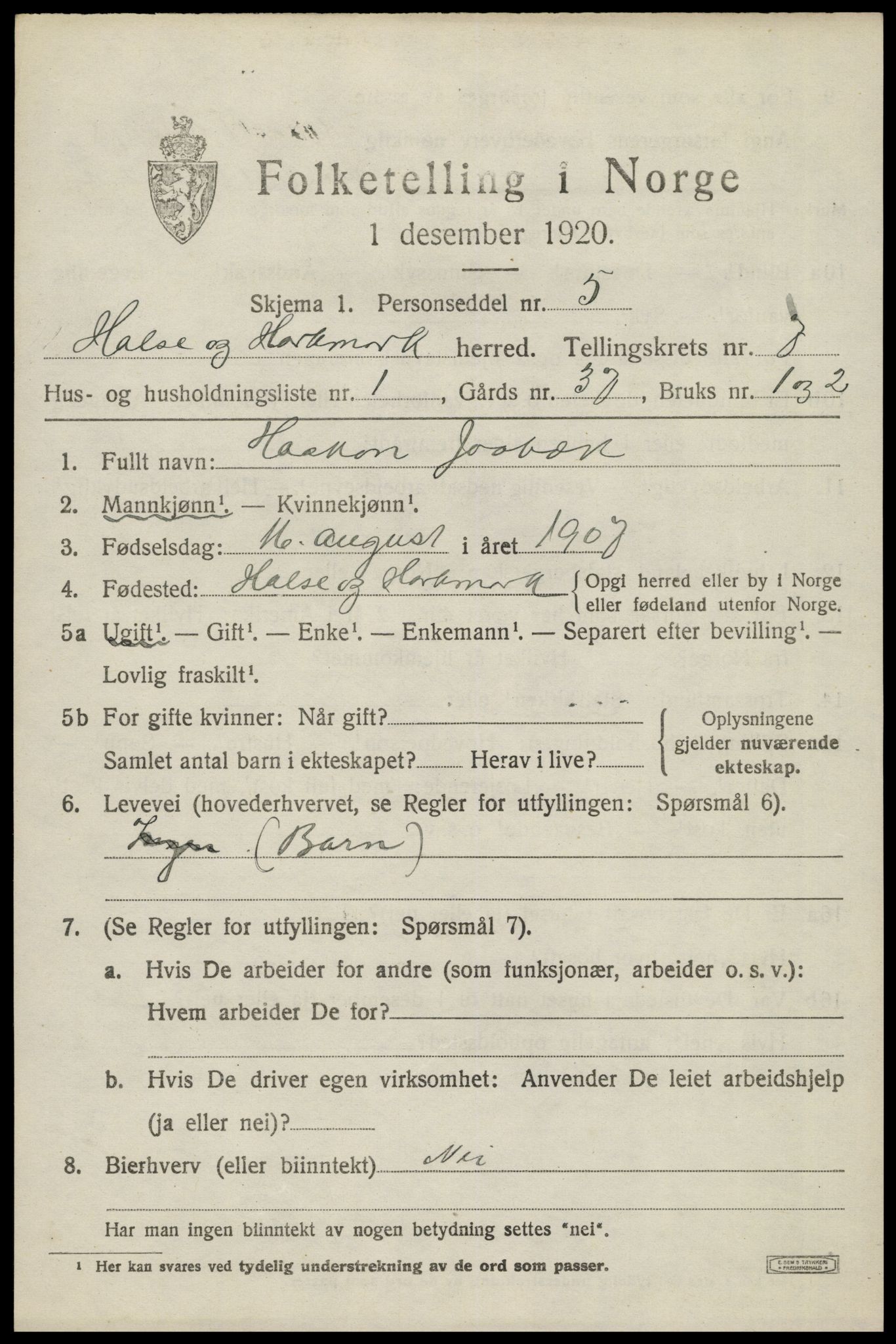 SAK, 1920 census for Halse og Harkmark, 1920, p. 3697