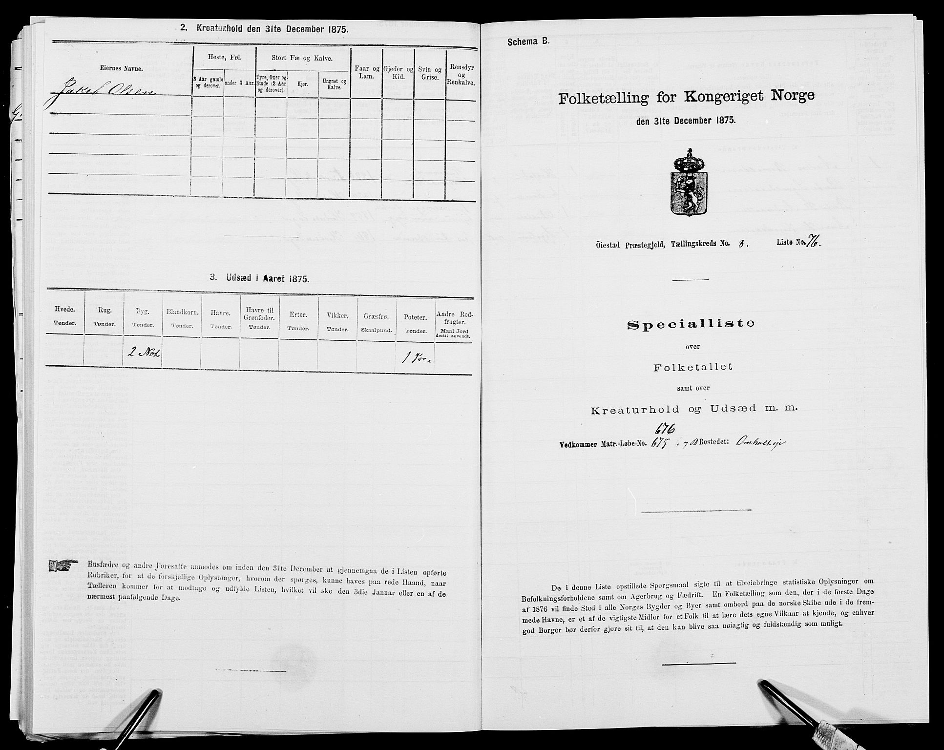 SAK, 1875 census for 0920P Øyestad, 1875, p. 1268