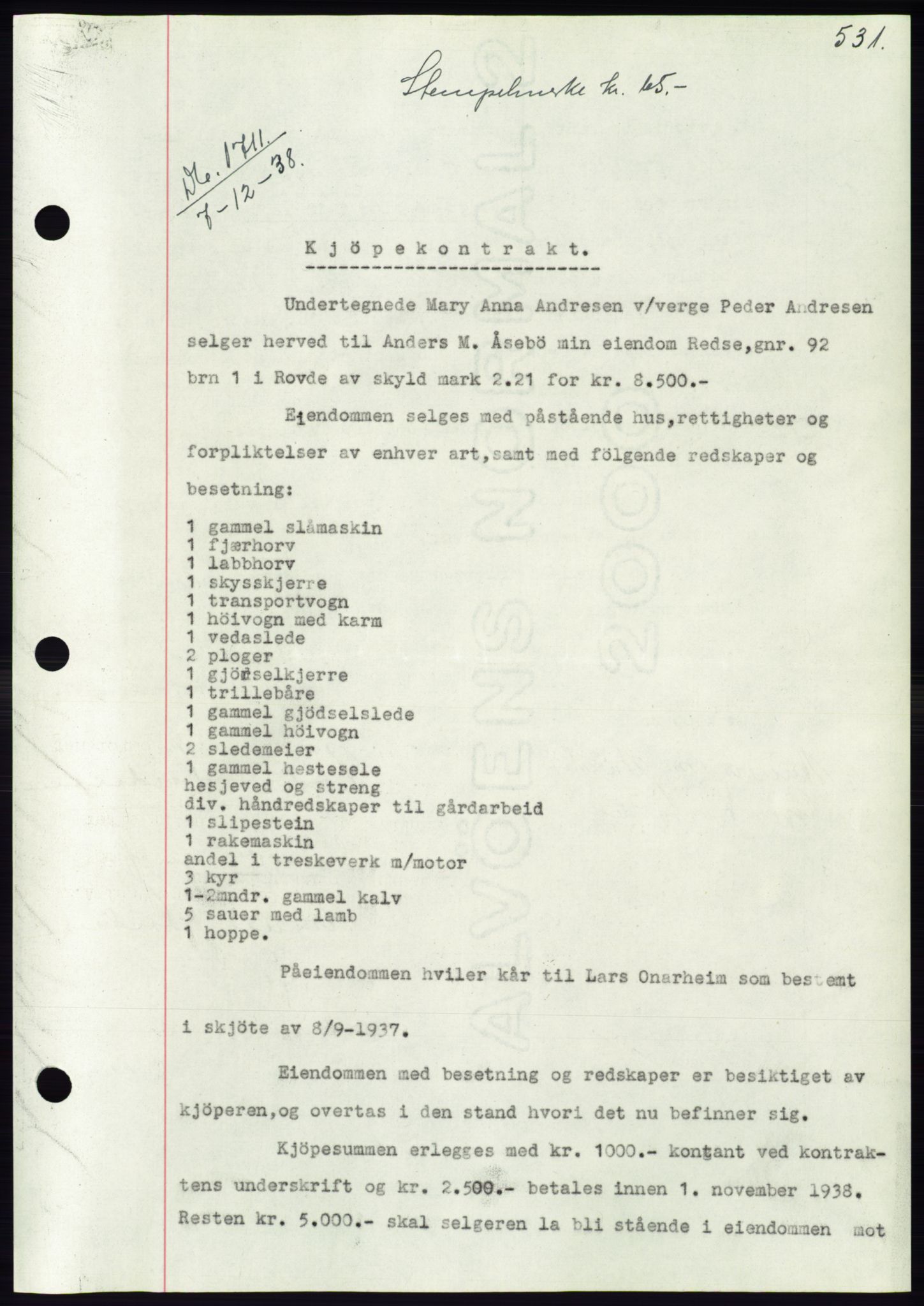 Søre Sunnmøre sorenskriveri, AV/SAT-A-4122/1/2/2C/L0066: Mortgage book no. 60, 1938-1938, Diary no: : 1711/1938