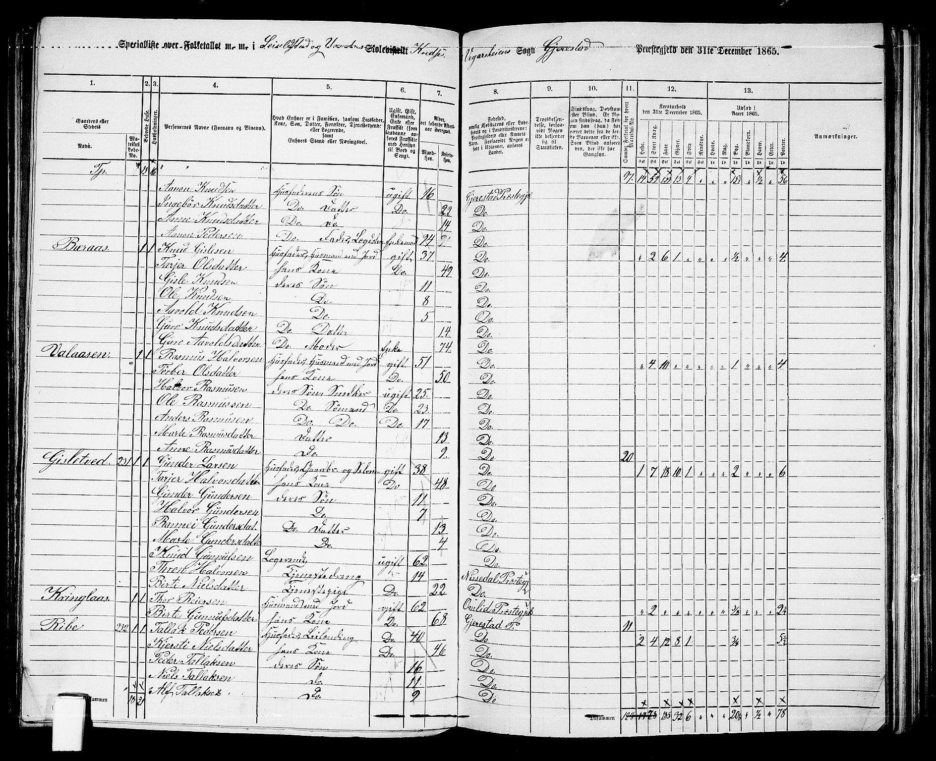 RA, 1865 census for Gjerstad, 1865, p. 134