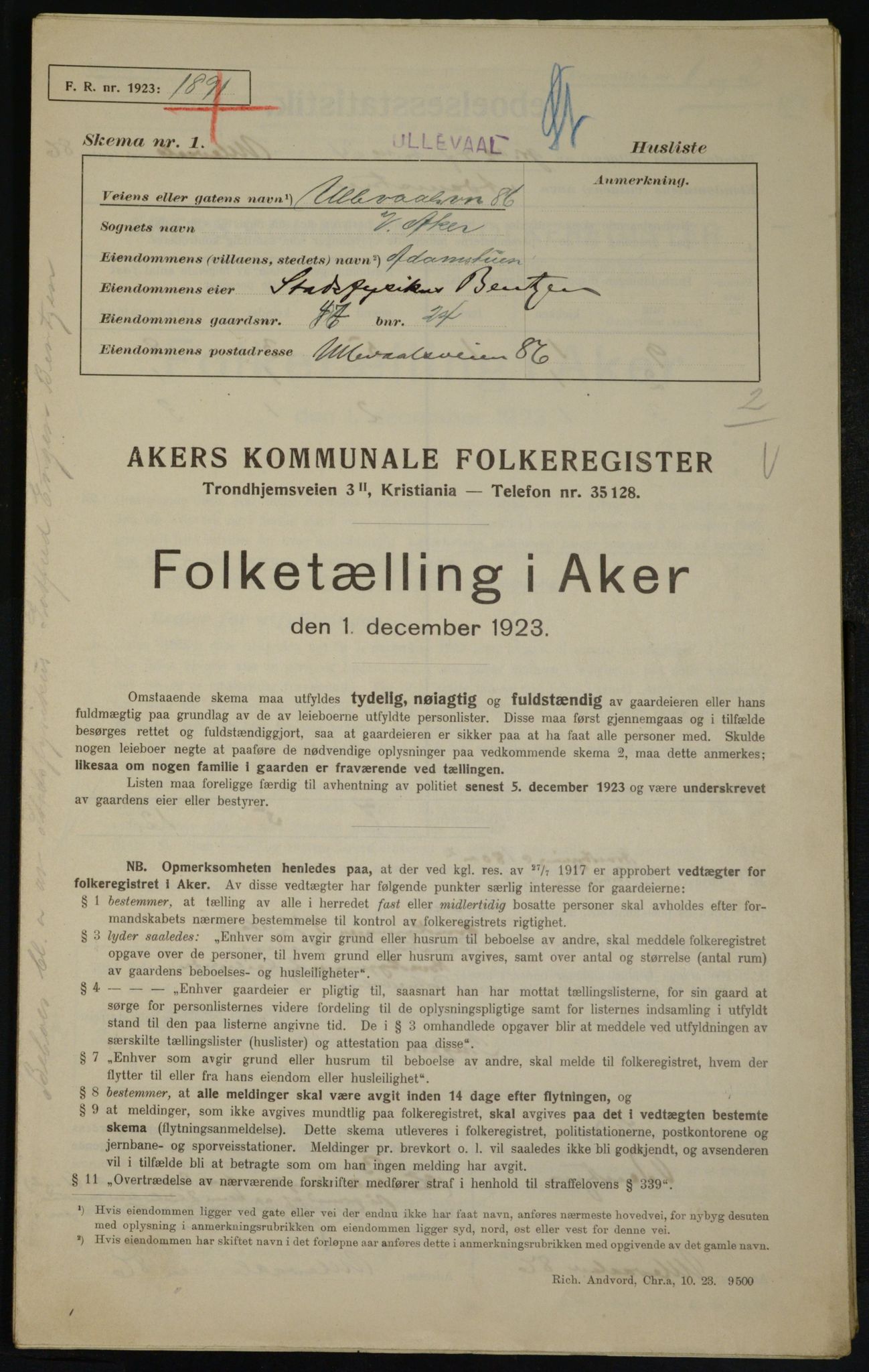 , Municipal Census 1923 for Aker, 1923, p. 20292