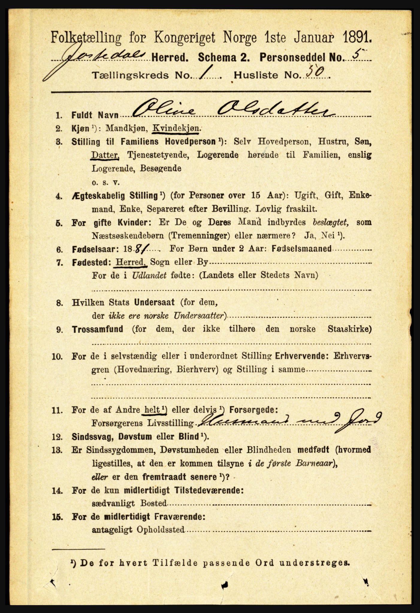 RA, 1891 census for 1427 Jostedal, 1891, p. 448