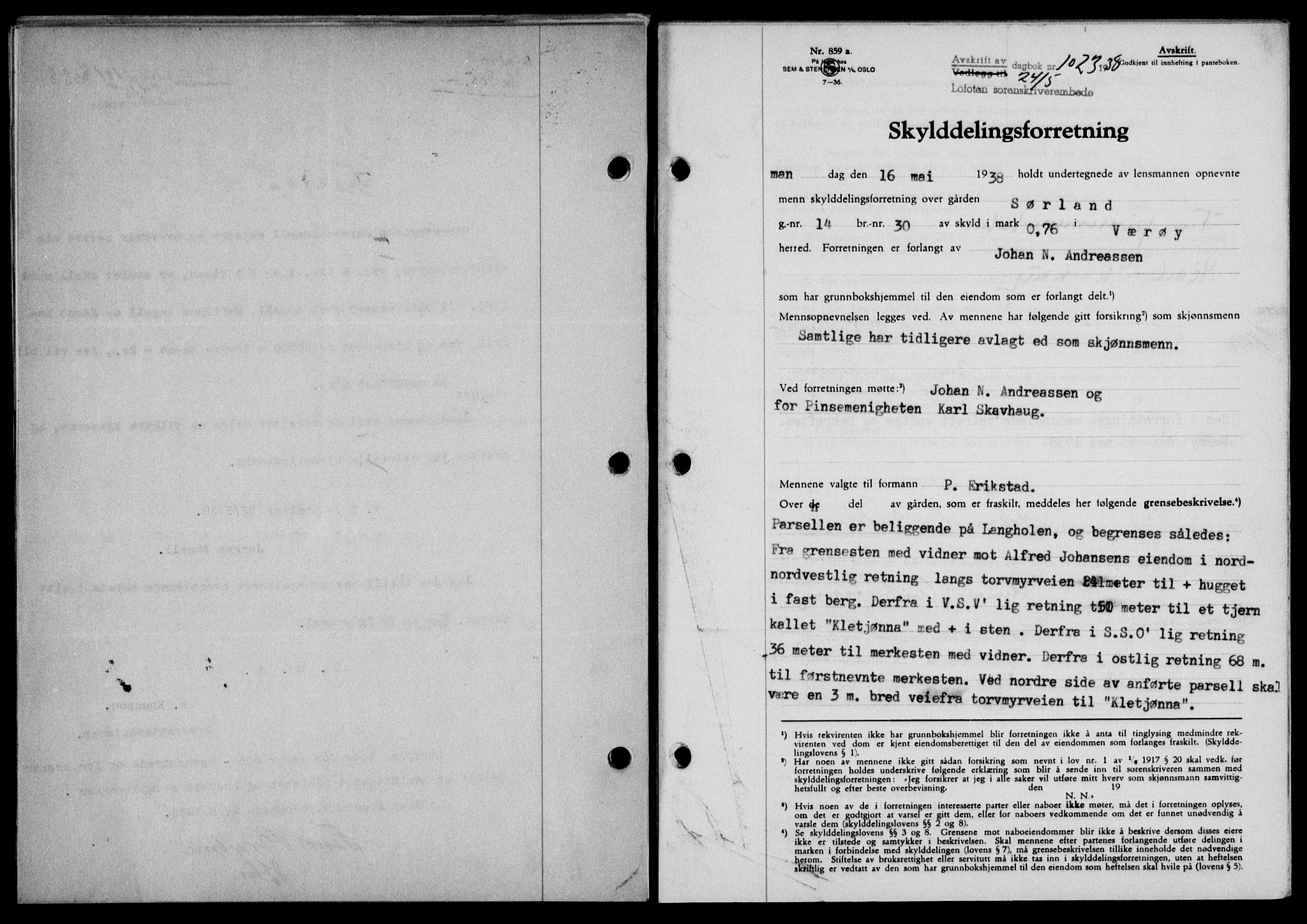 Lofoten sorenskriveri, SAT/A-0017/1/2/2C/L0004a: Mortgage book no. 4a, 1938-1938, Diary no: : 1023/1938