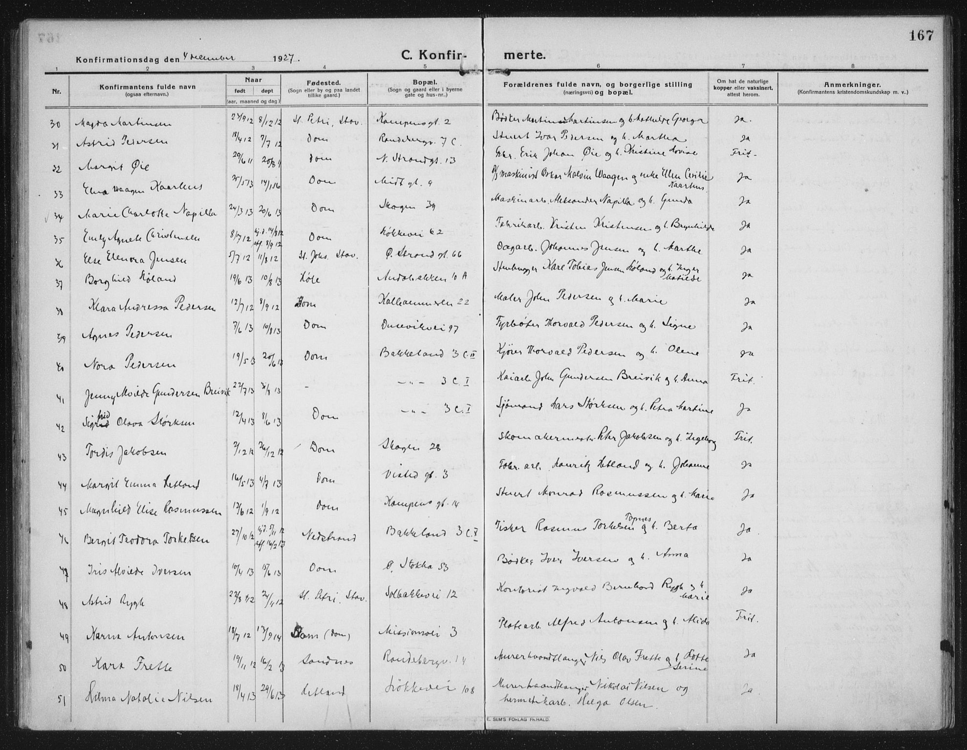 Domkirken sokneprestkontor, AV/SAST-A-101812/002/A/L0019: Parish register (official) no. A 35, 1916-1932, p. 167