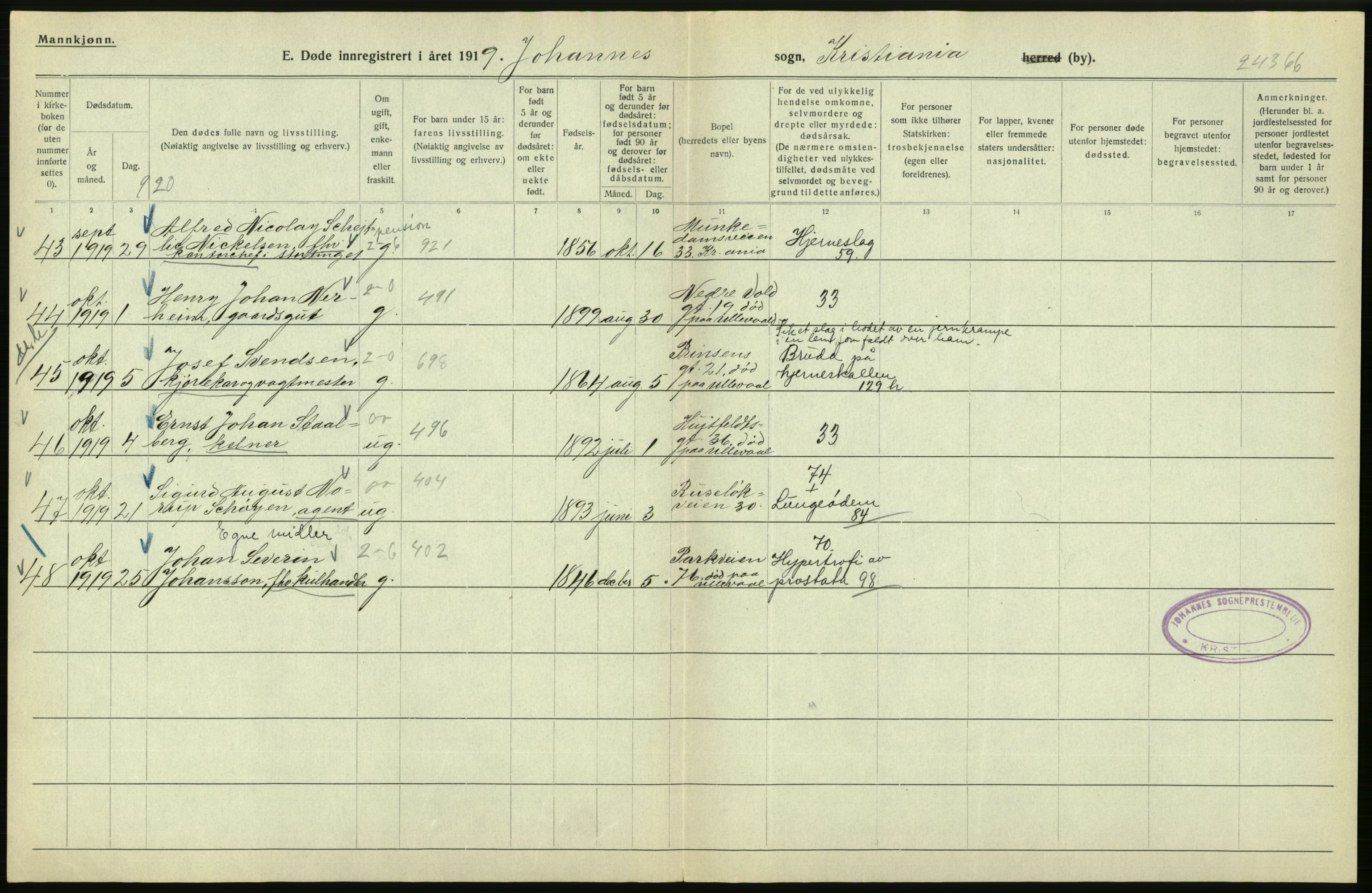 Statistisk sentralbyrå, Sosiodemografiske emner, Befolkning, AV/RA-S-2228/D/Df/Dfb/Dfbi/L0011: Kristiania: Døde, dødfødte, 1919