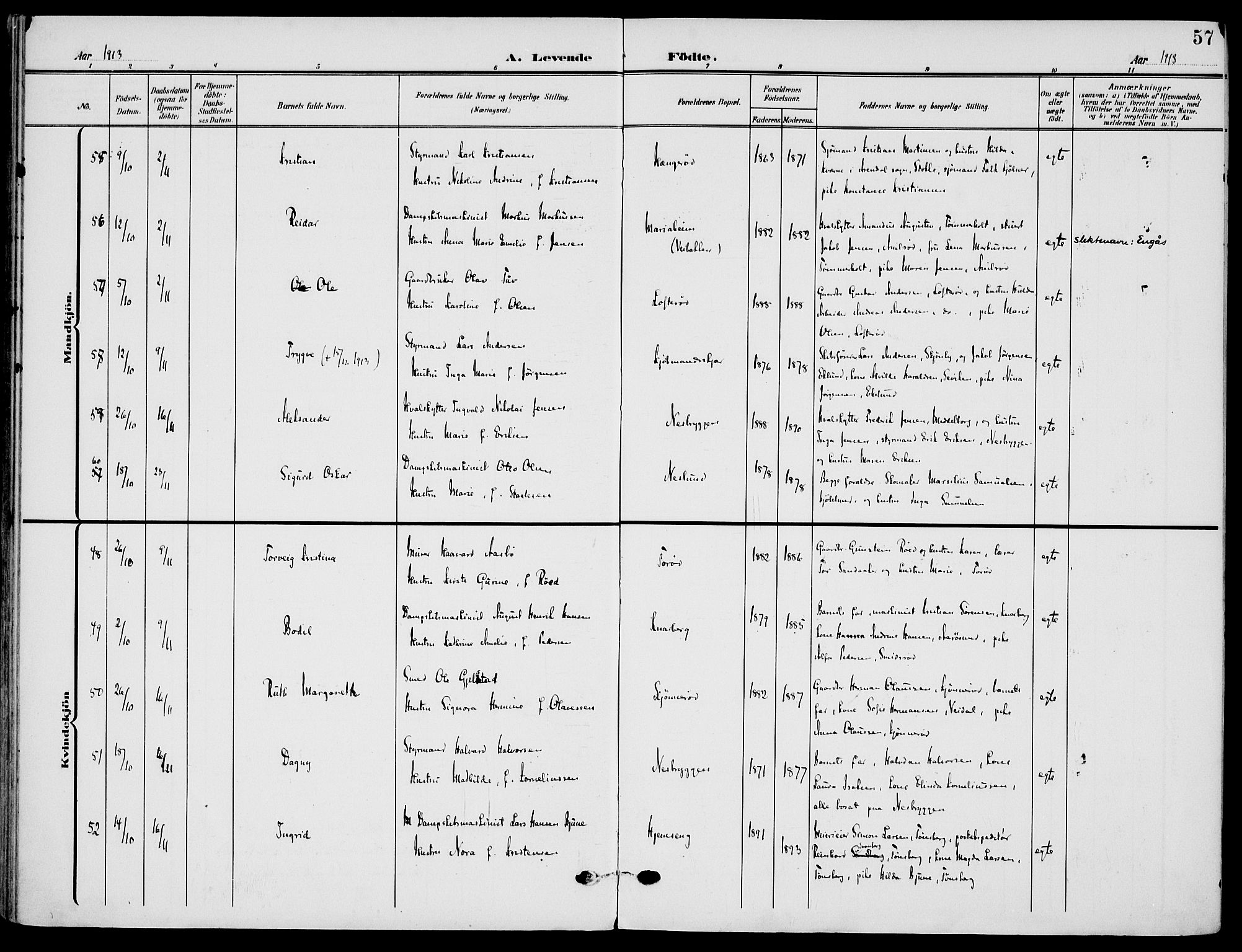 Nøtterøy kirkebøker, AV/SAKO-A-354/F/Fa/L0010: Parish register (official) no. I 10, 1908-1919, p. 57