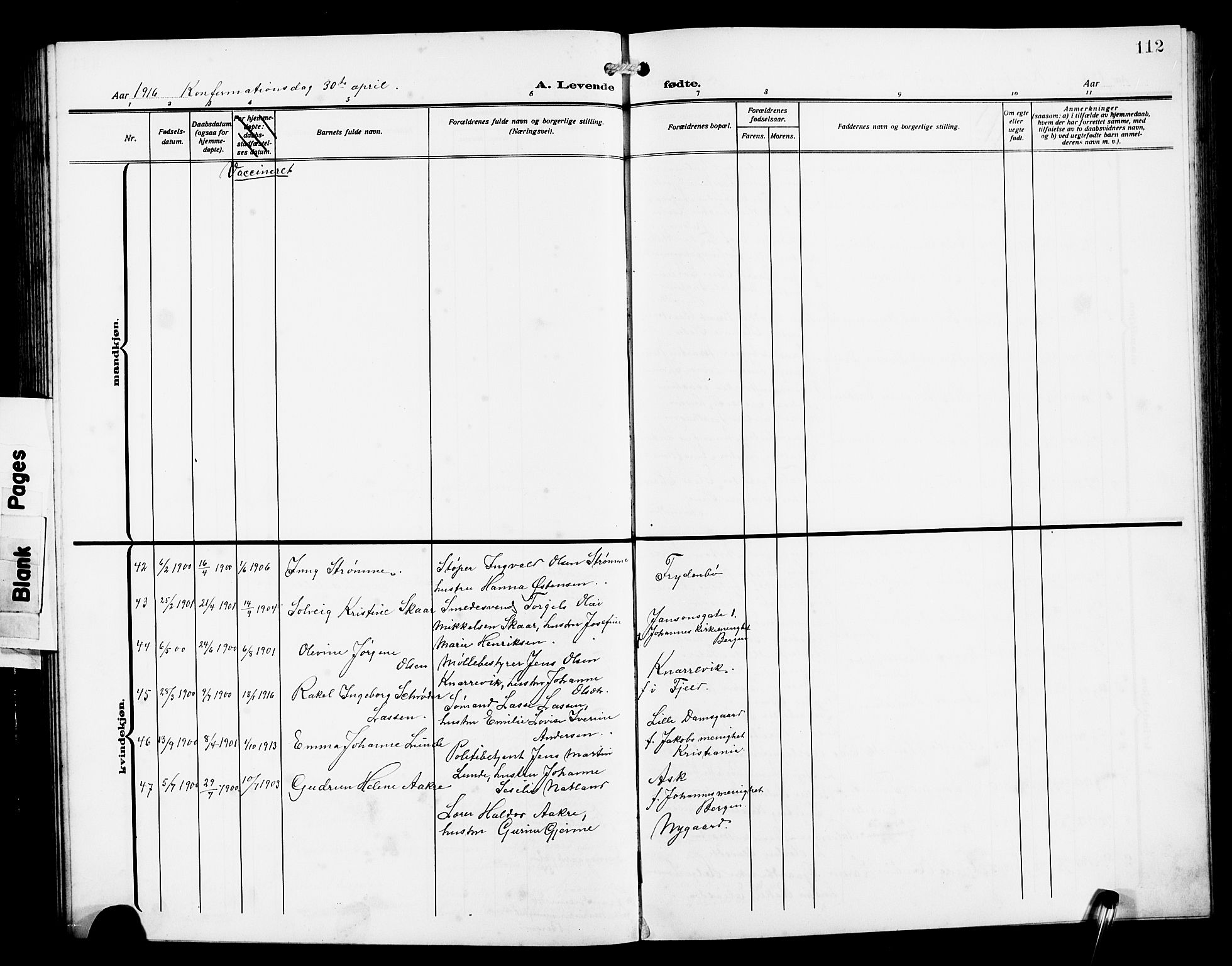 Laksevåg Sokneprestembete, SAB/A-76501/H/Ha/Hab/Haba/L0005: Parish register (copy) no. A 5, 1910-1917, p. 112