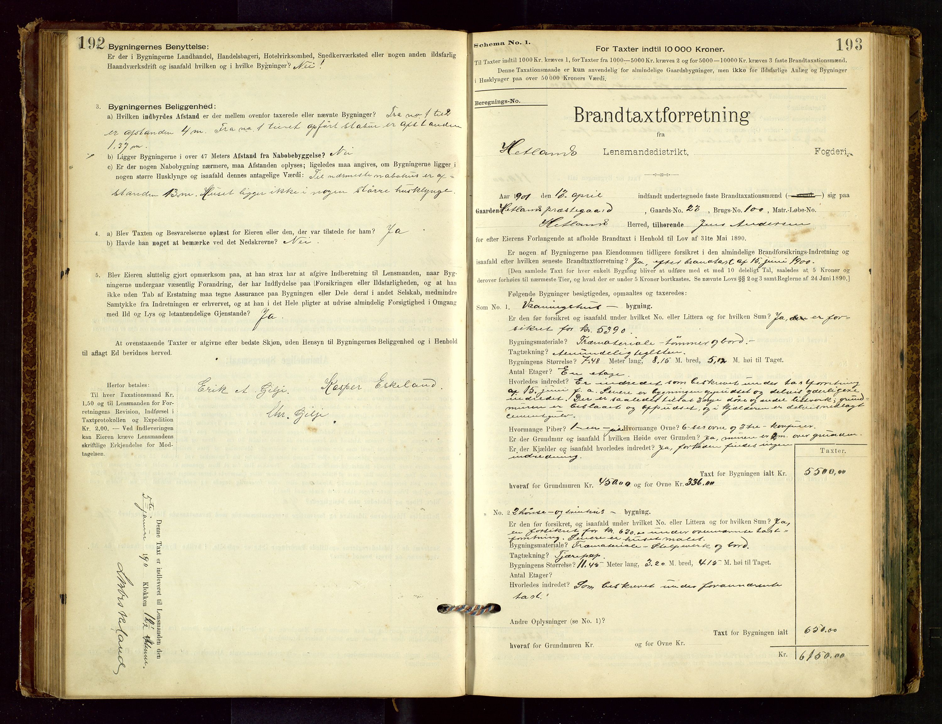 Hetland lensmannskontor, SAST/A-100101/Gob/L0001: "Brandtaxationsprotokol", 1895-1918, p. 192-193