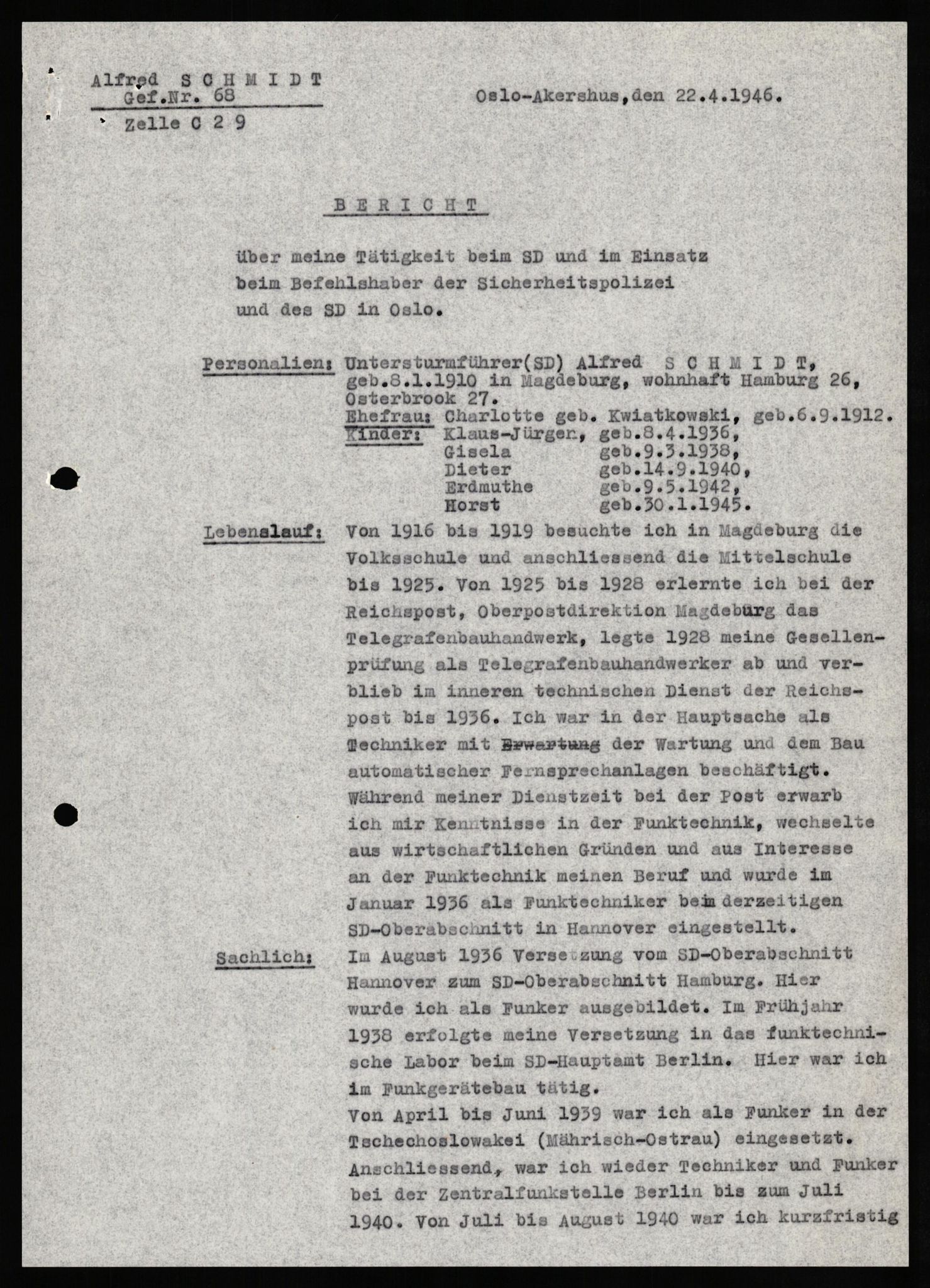 Forsvaret, Forsvarets overkommando II, RA/RAFA-3915/D/Db/L0029: CI Questionaires. Tyske okkupasjonsstyrker i Norge. Tyskere., 1945-1946, p. 354