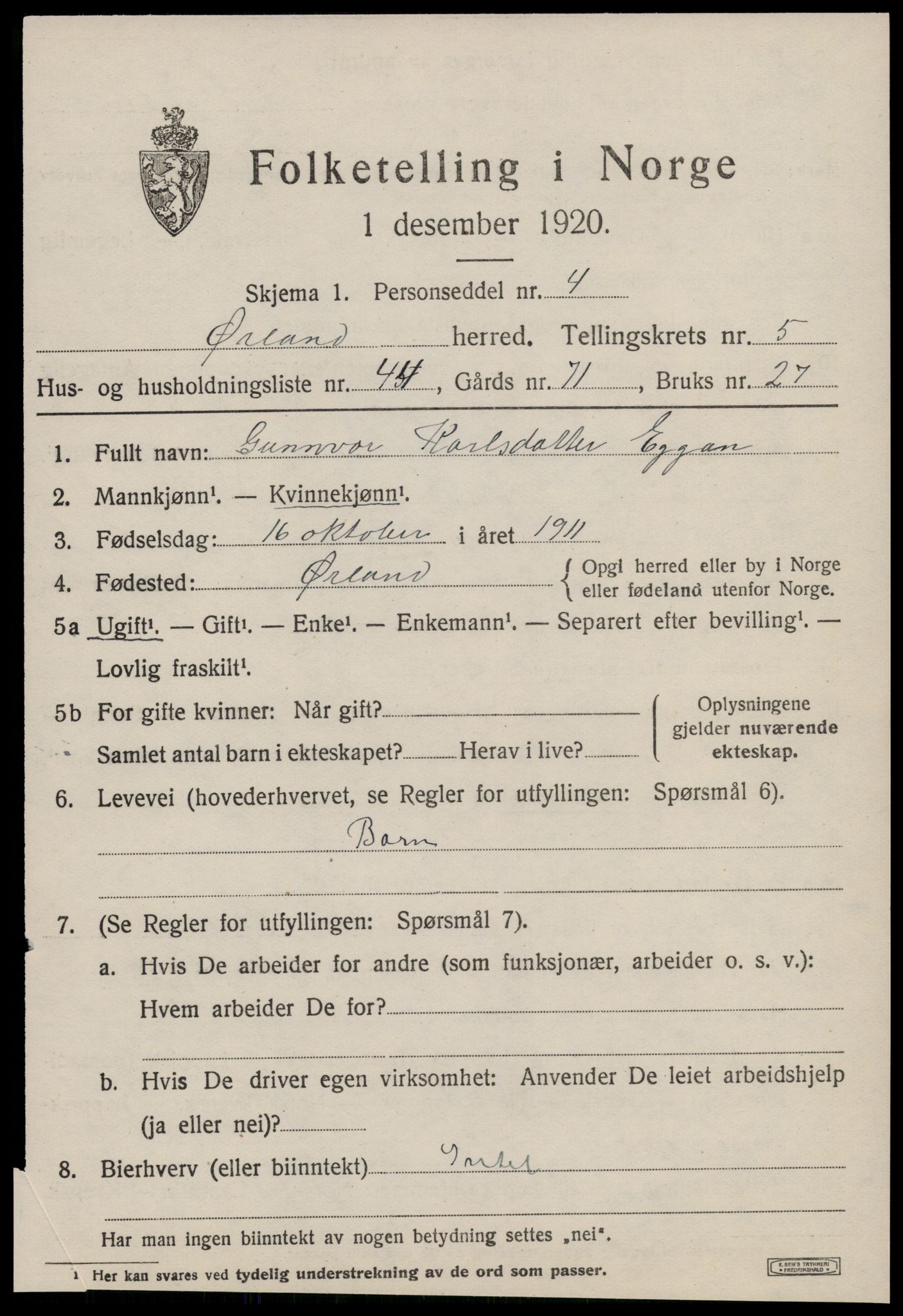 SAT, 1920 census for Ørland, 1920, p. 4931